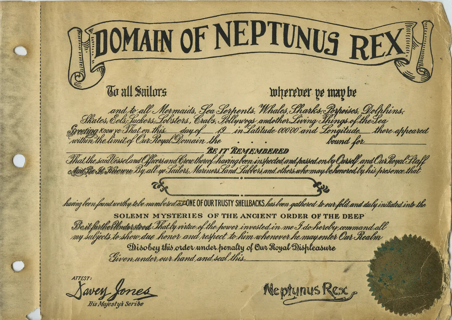 Blank "Domain of Neptunus Rex" Equator-Crossing (Shellback) Certificate, USS Maryland Album, 1930s