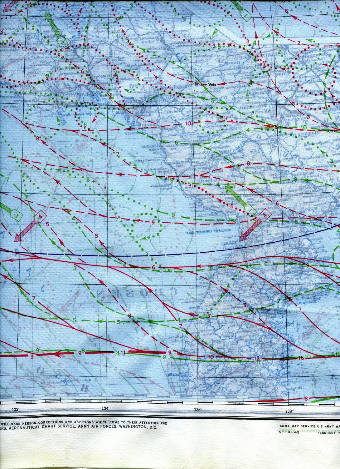 WWII Silk Escape Map Detail - Western Pacific Ocean Currents and Winds Chart, February 1945