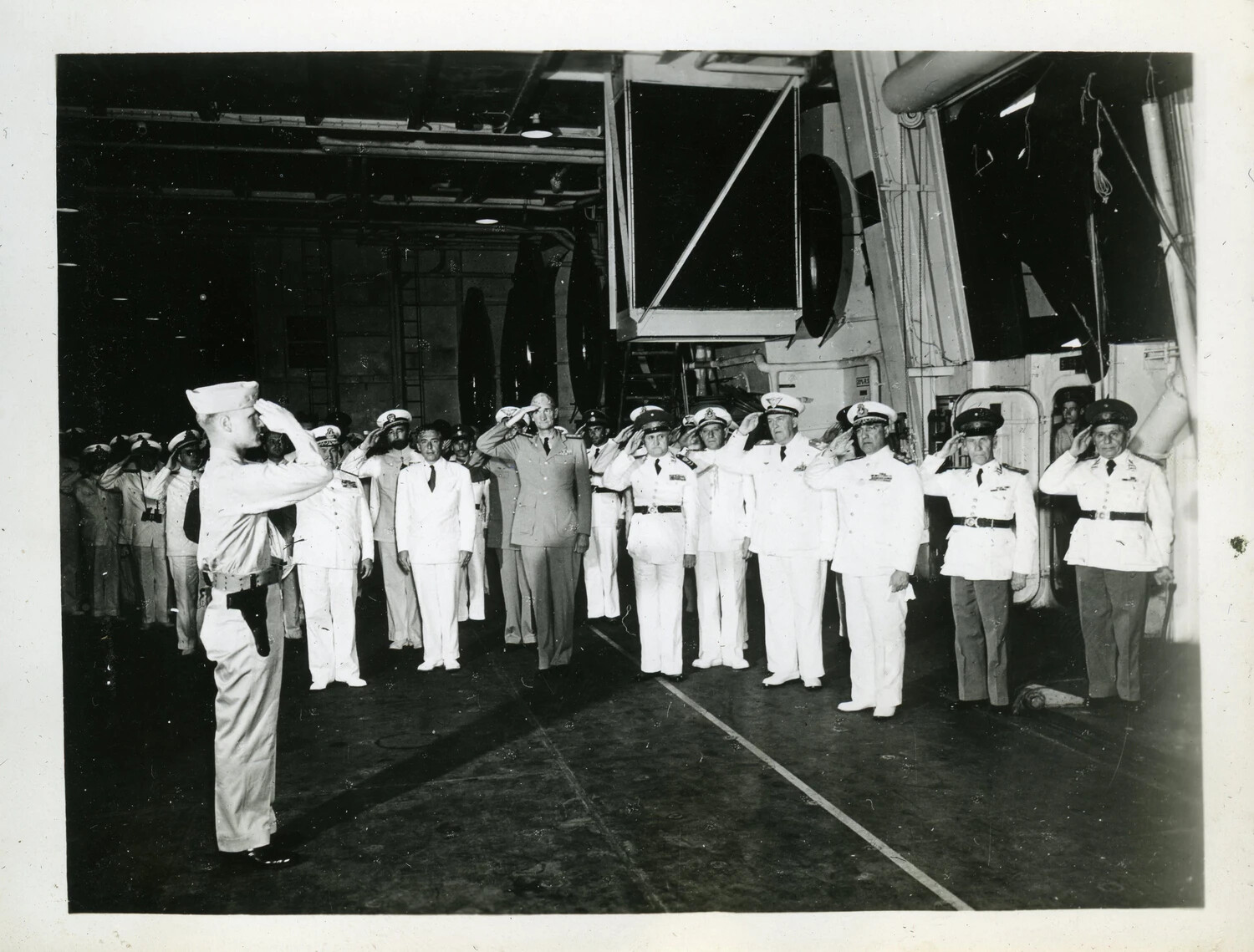 Officers Rendering Honors in Hangar Bay, USS Franklin D. Roosevelt (CVB-42)
