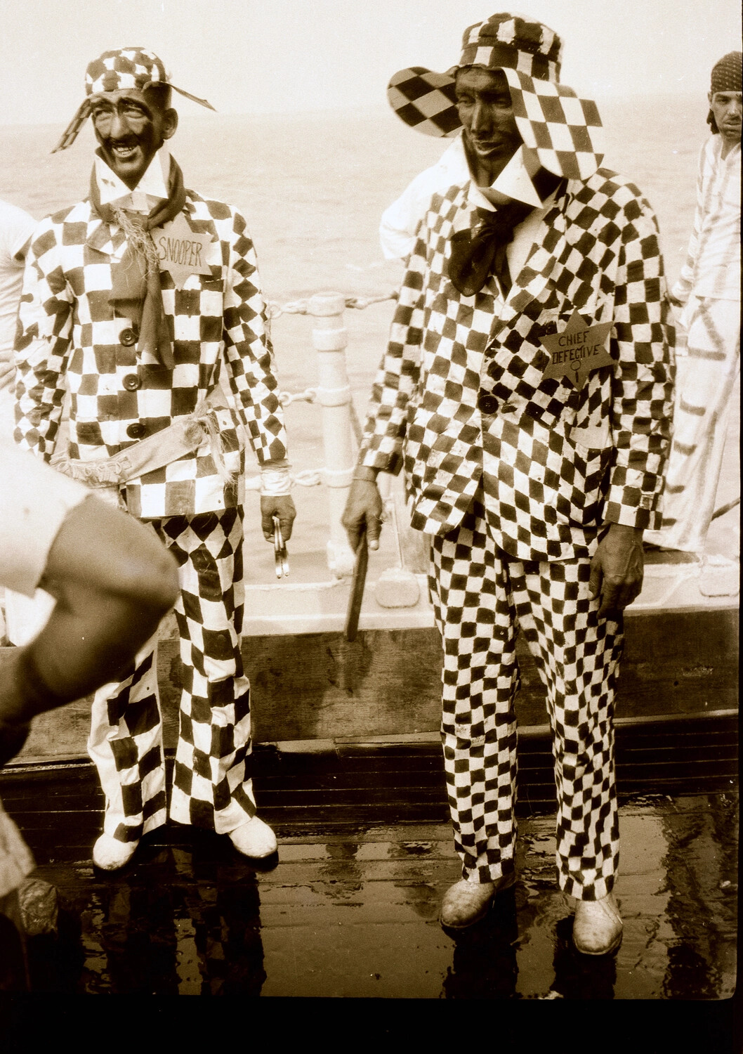 Sailors in Checkerboard "Snooper" and "Chief Defective" Costumes, U.S. Navy China Station, 1930s