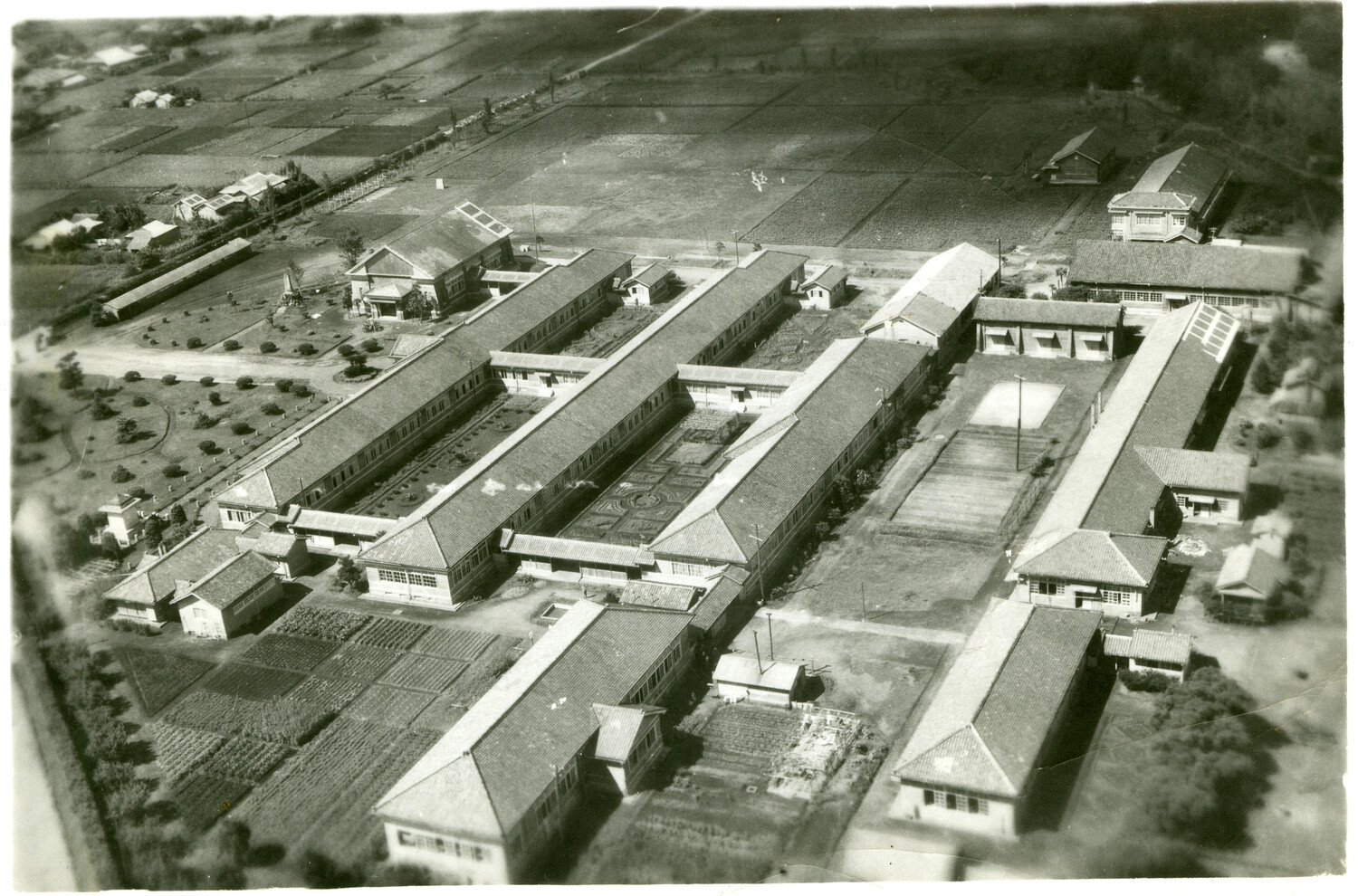 Aerial View of Japanese Institutional Complex, Pacific Theater, WWII Era