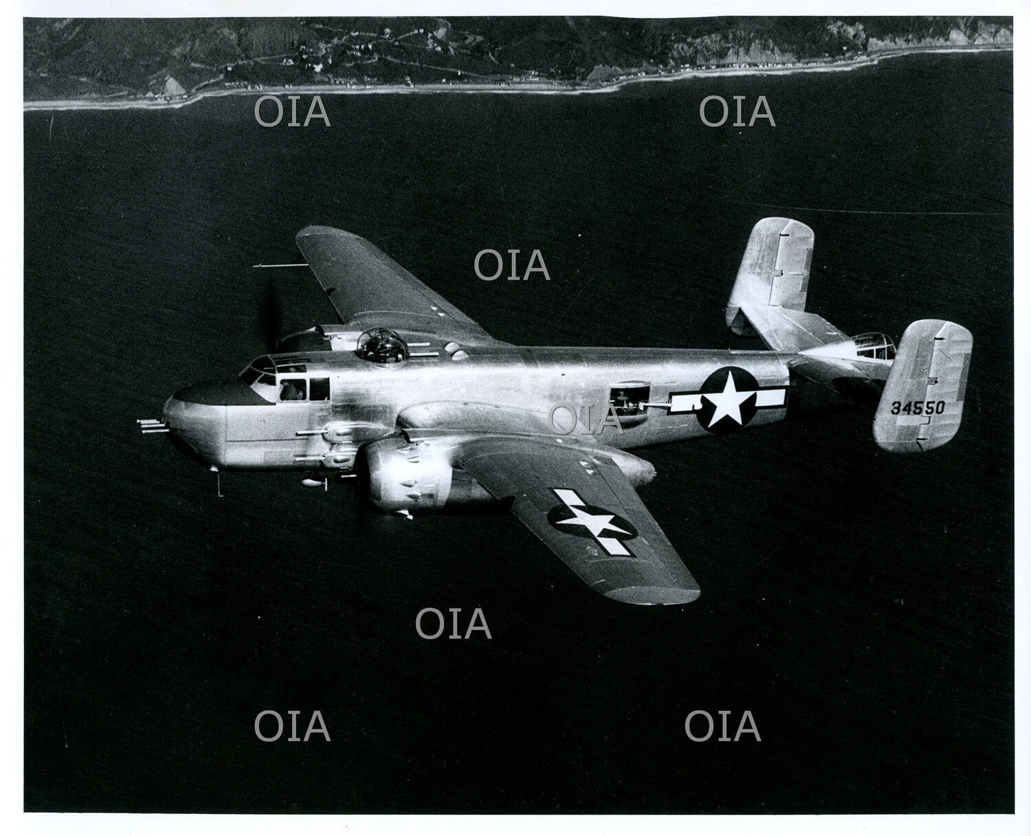 North American B-25 Mitchell Medium Bomber in Flight, Tail Number 34550, Over Coastal Waters