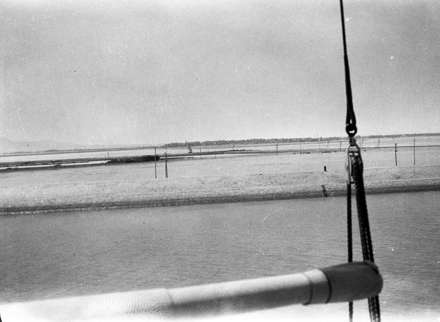 View of Chinese Waterway and Shoreline from Navy Ship's Deck, 1930s (Pre-WWII China Album)
