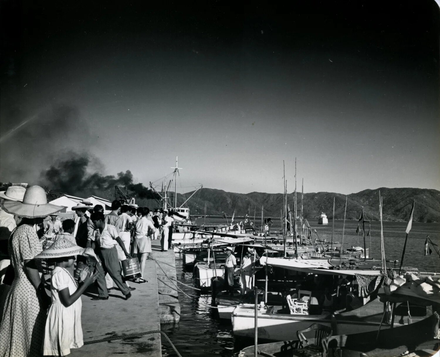 Harbor Pier with Tourists and Moored Boats, Mexican Coastal Resort, 1949