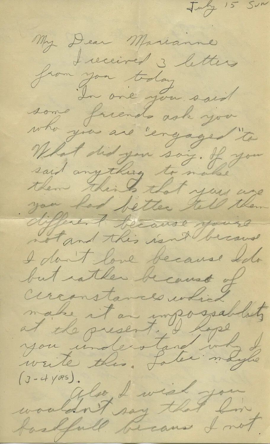 Handwritten WWII Love Letter to 'Marianne' Discussing Engagement and Separation – Moon Correspondence