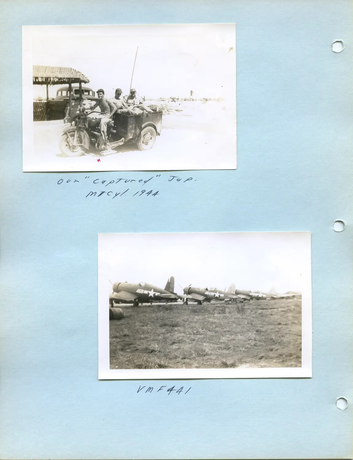 WWII Pacific Theater Album Page: Captured Japanese Motorcycle and VMF-441 Corsair Fighters