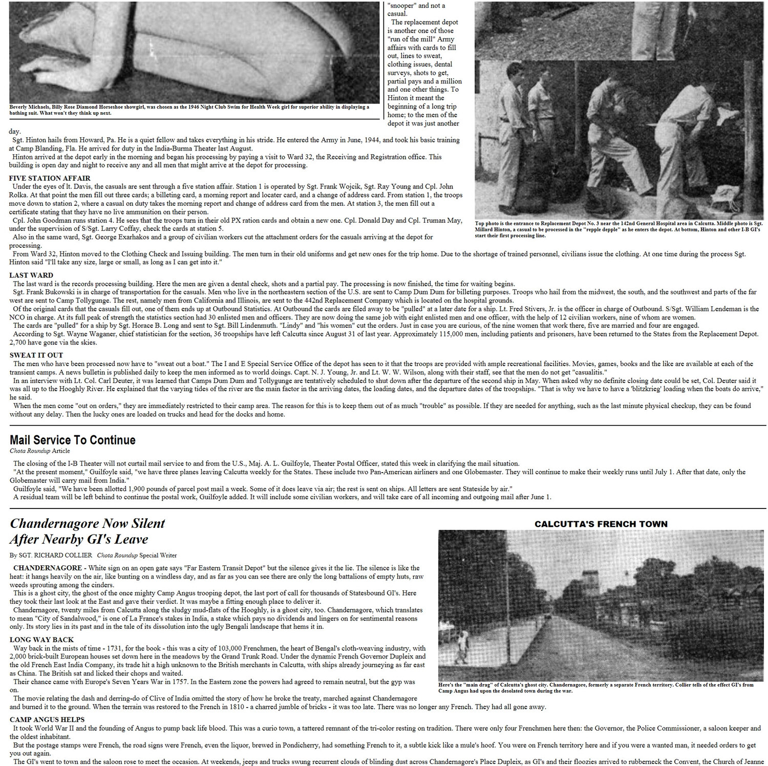 CBI Roundup Newspaper Full Page: Repple Depple Processing, Mail Service Notice, and Chandernagore Feature, India-Burma Theater, WWII
