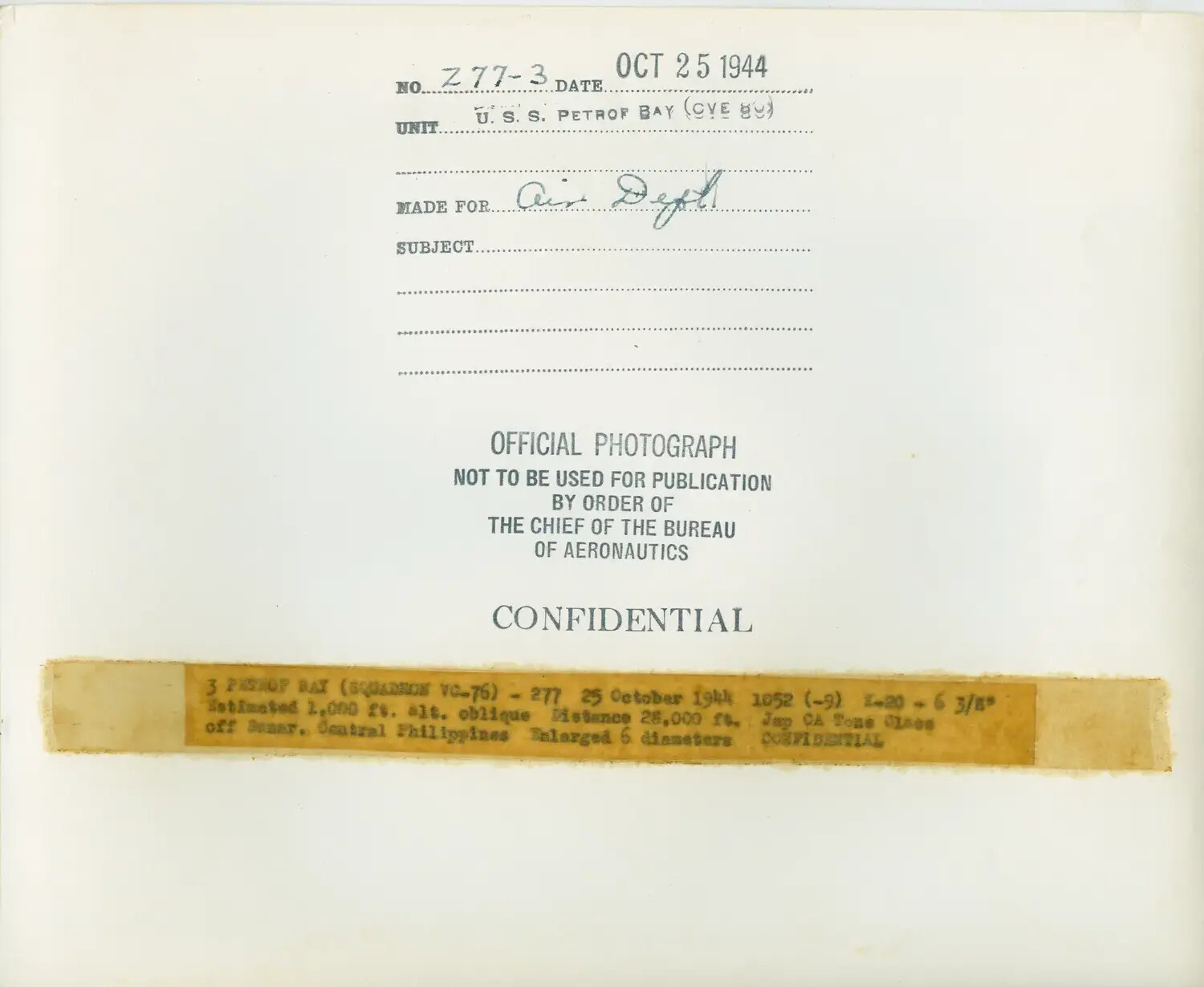 Official U.S. Navy Photograph Caption Card, USS Petrof Bay (CVE-80), Battle off Samar, 25 October 1944