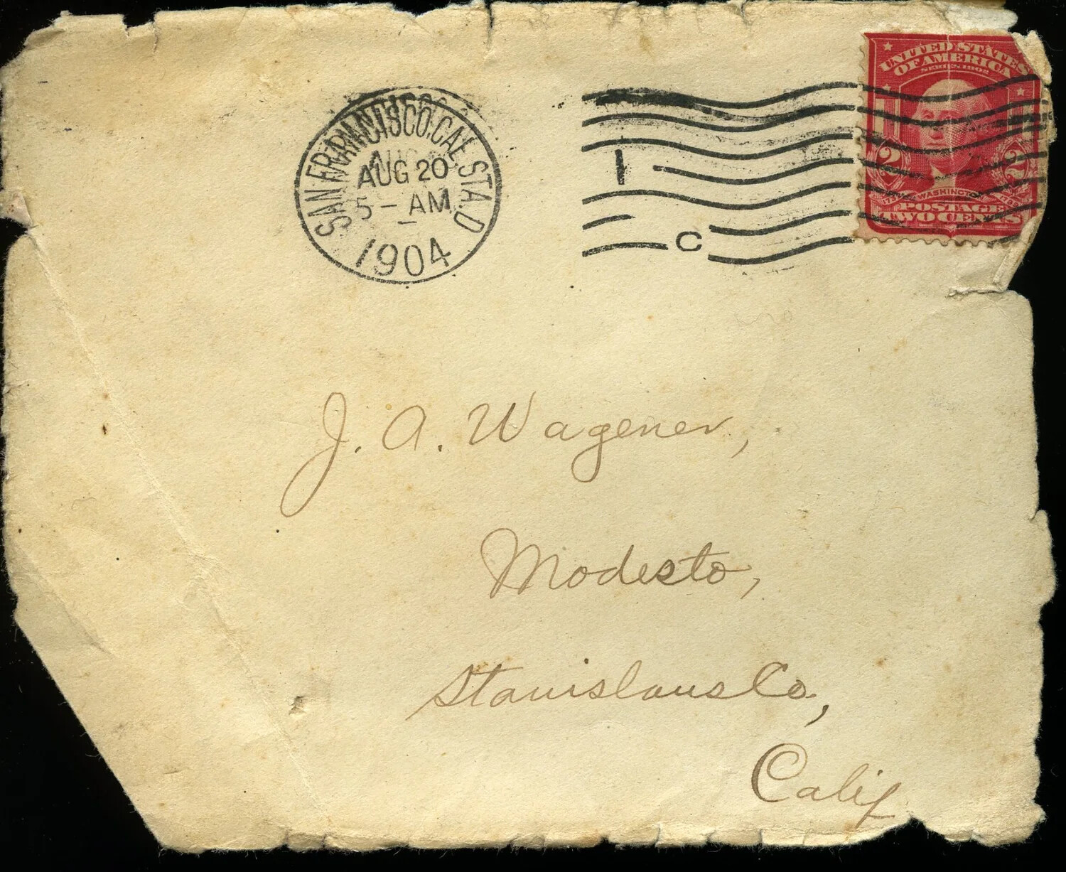 Postmarked Envelope, Mary Wagener and Children to J.A. Wagener, Modesto CA, 18 August 1904