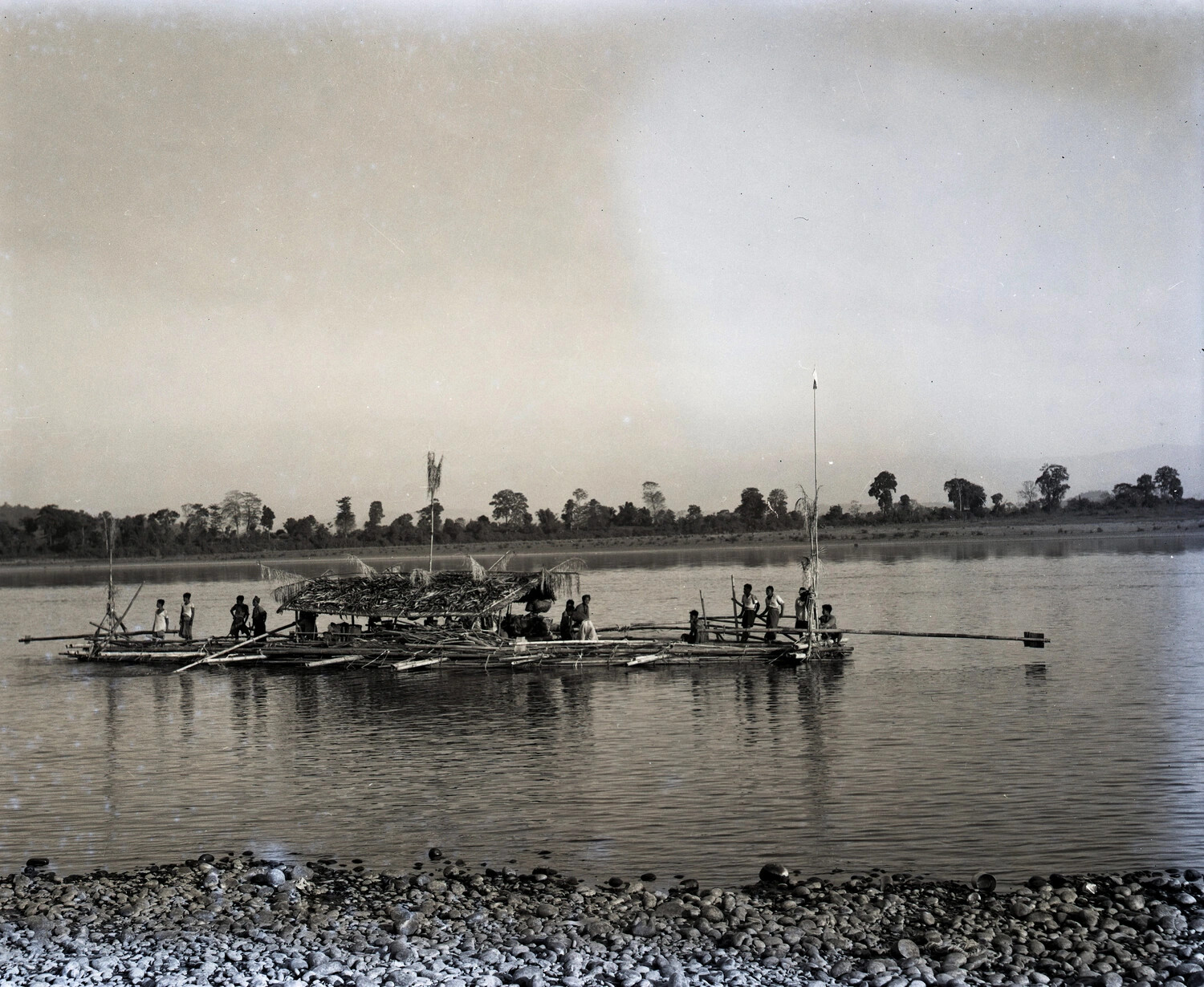 Bamboo River Raft with Thatched Shelter, China-Burma-India Theater, WWII Era