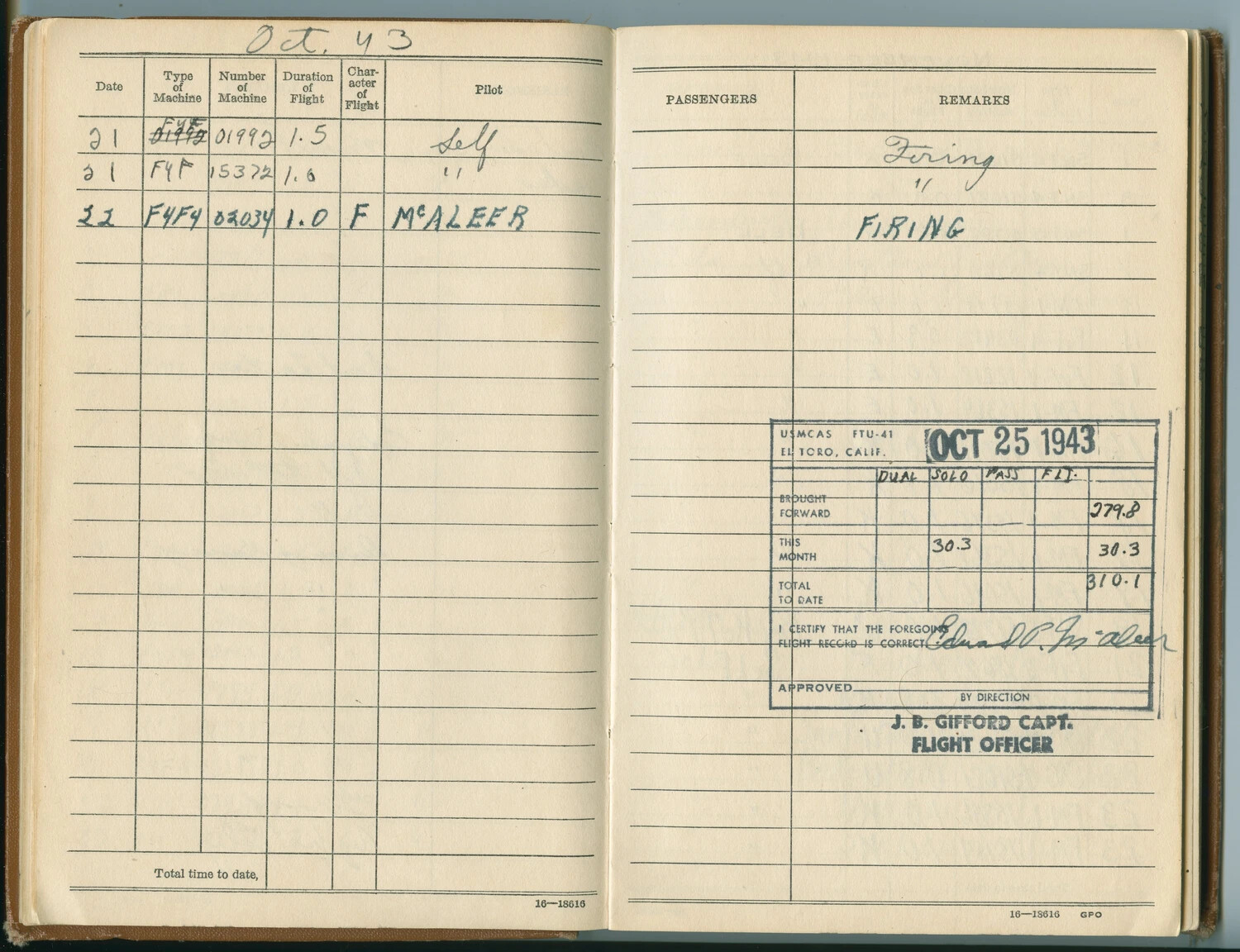 USMC Pilot's Flight Logbook Page - F4F Wildcat Training, MCAS El Toro, October 1943