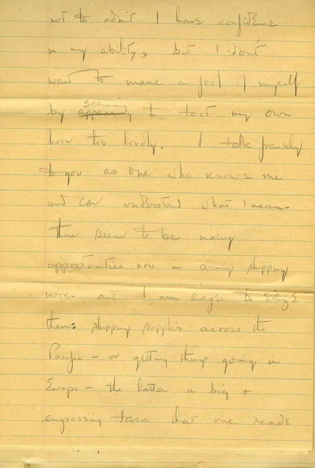 Handwritten Draft Memoir/Request Letter Page, U.S. Army Transportation Officer, CBI Theater, WWII - Opportunities in Pacific and European Shipping