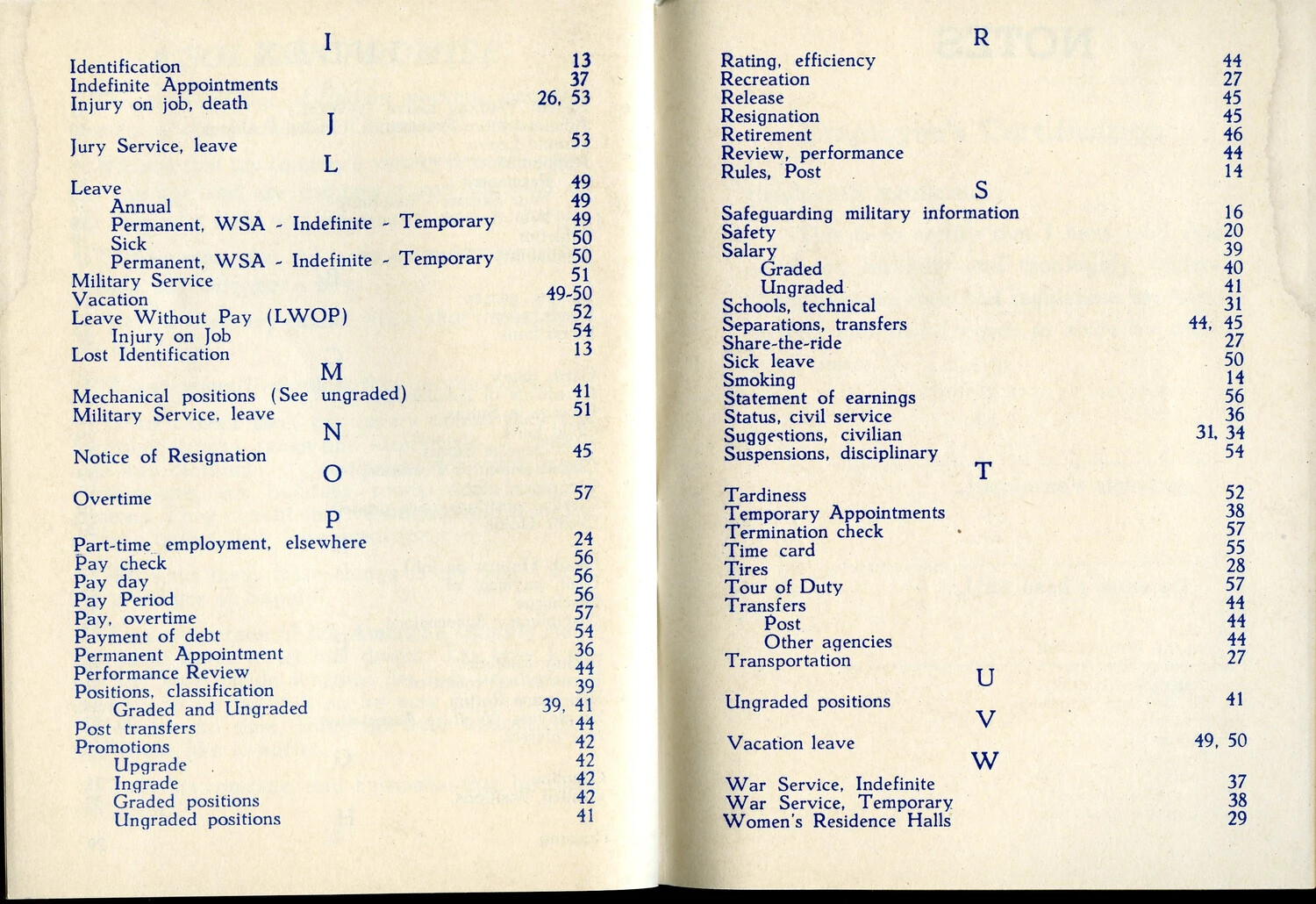 Index Pages (I-W), McClellan Field Personnel Guide Booklet