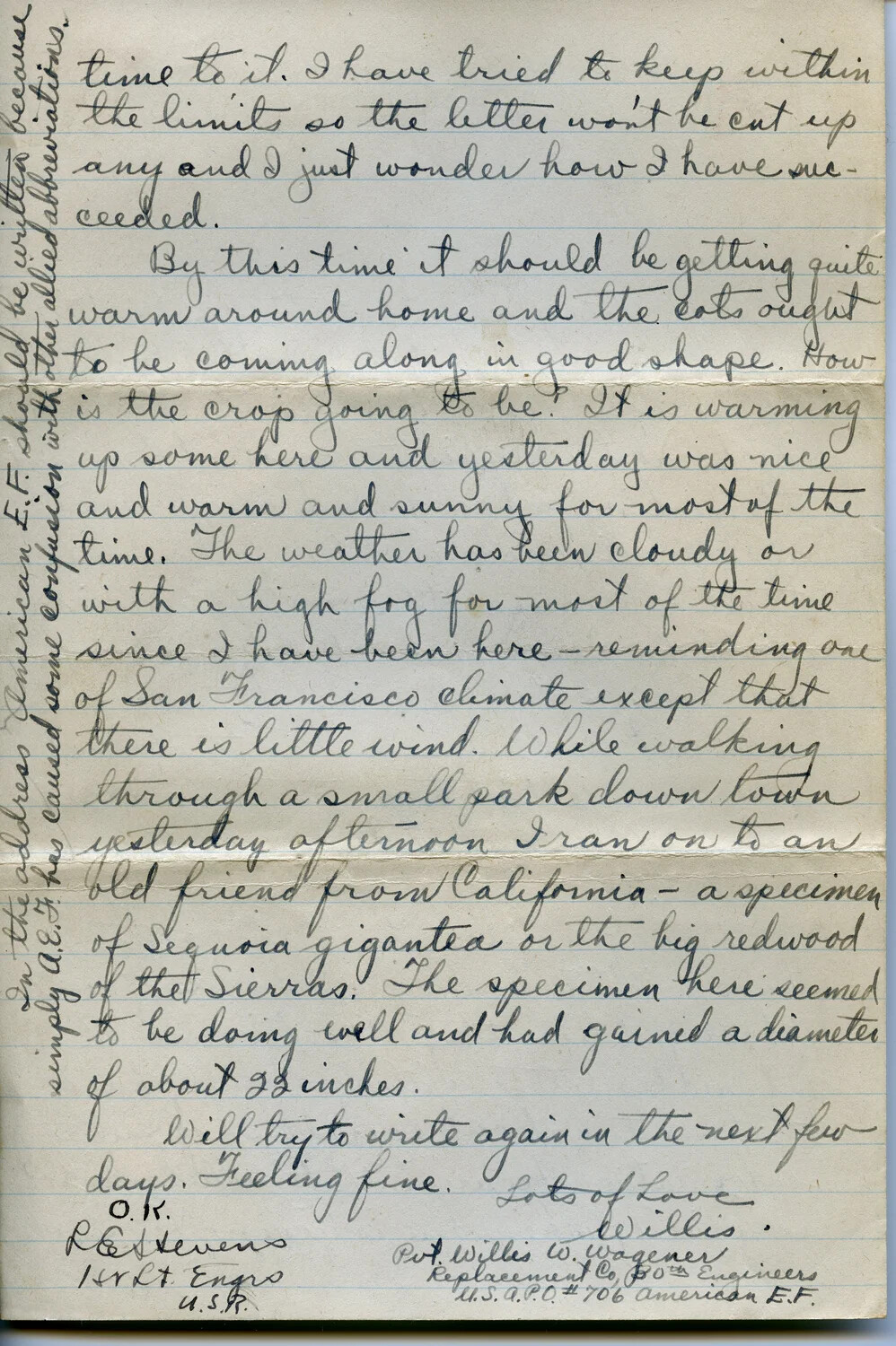 Handwritten Letter Page, Pvt. Willis W. Wagener to Family, American Expeditionary Forces, April 28, 1918