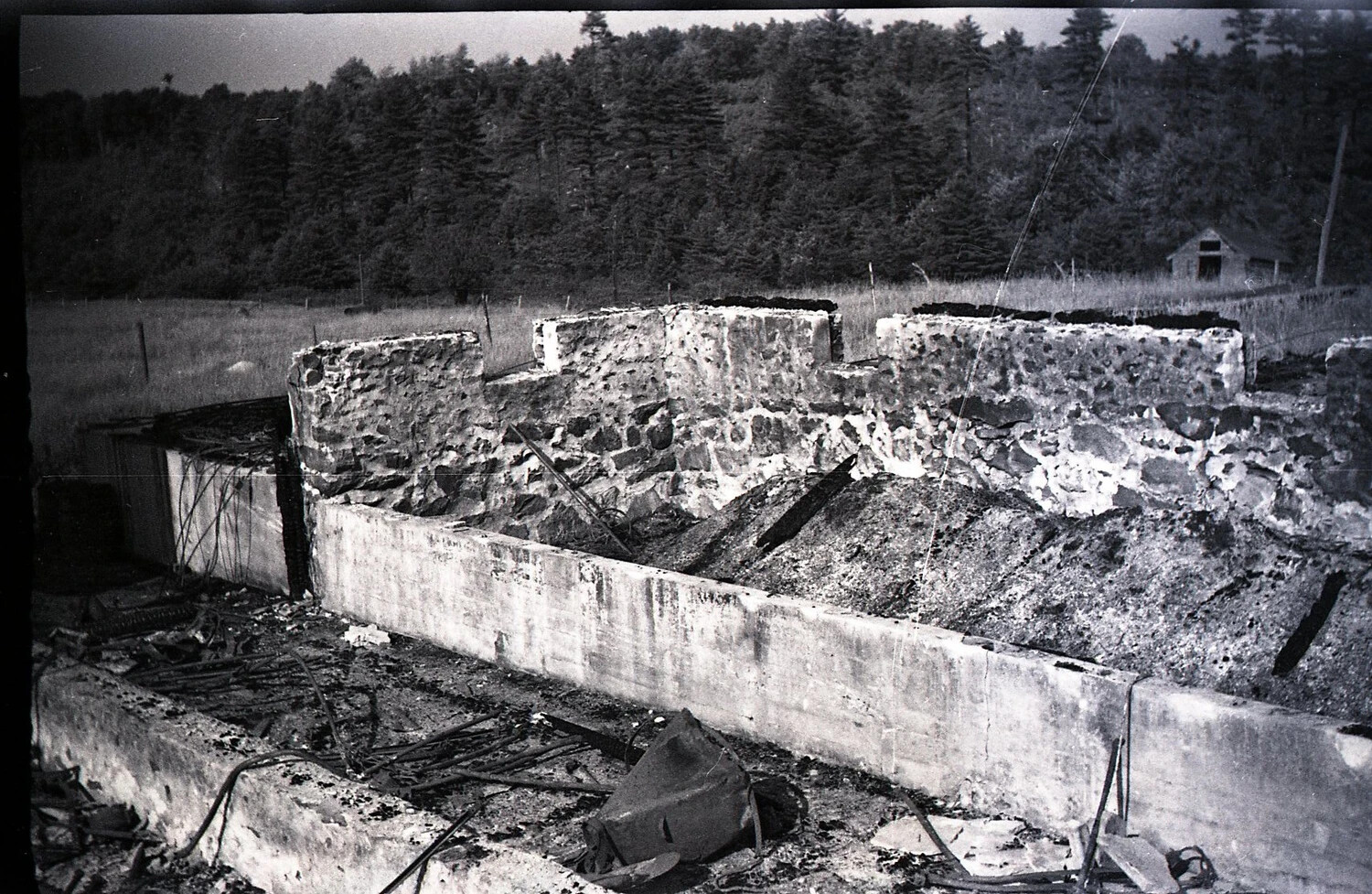 Curved Fieldstone Foundation Wall with Distant Outbuilding, Dairy Farm Fire Site, c. 1940s