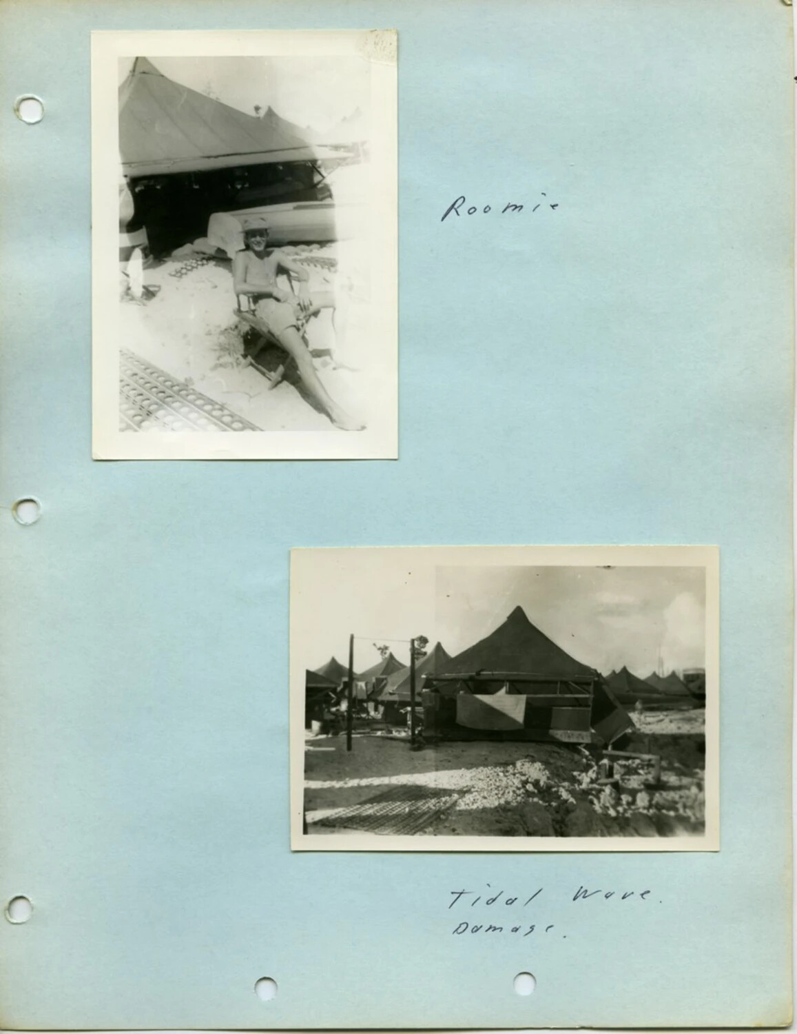 McAleer Photo Album Page: 'Roomie' Portrait and 'Tidal Wave Damage' at Tent Camp