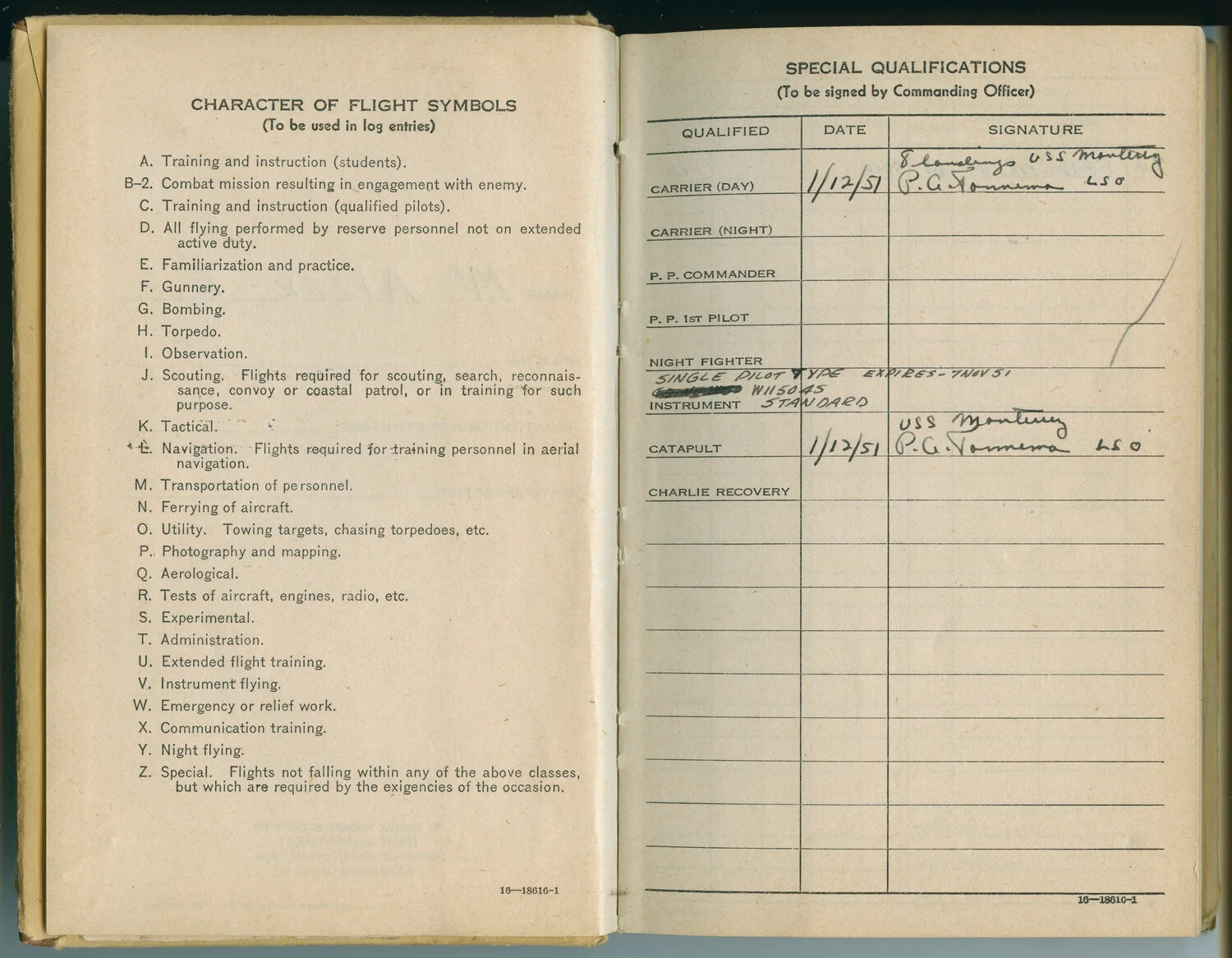 U.S. Navy Pilot Log Book of Pat McAleer - "Character of Flight Symbols" and "Special Qualifications" Pages, 1951