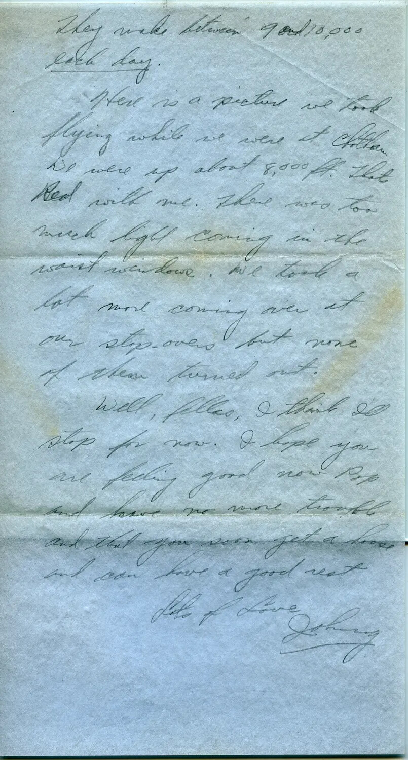 Handwritten WWII Airman's Letter Home, Page Discussing an Aerial Photograph Taken in Flight (1944, 'Johnny')