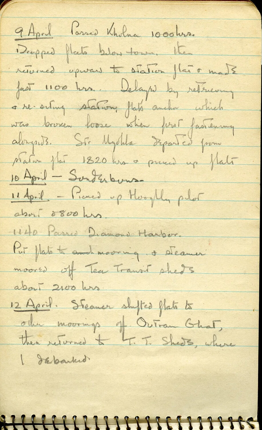 Handwritten Diary/Log Page: Final Leg of River Voyage, Khulna to Calcutta, 9-12 April 1945