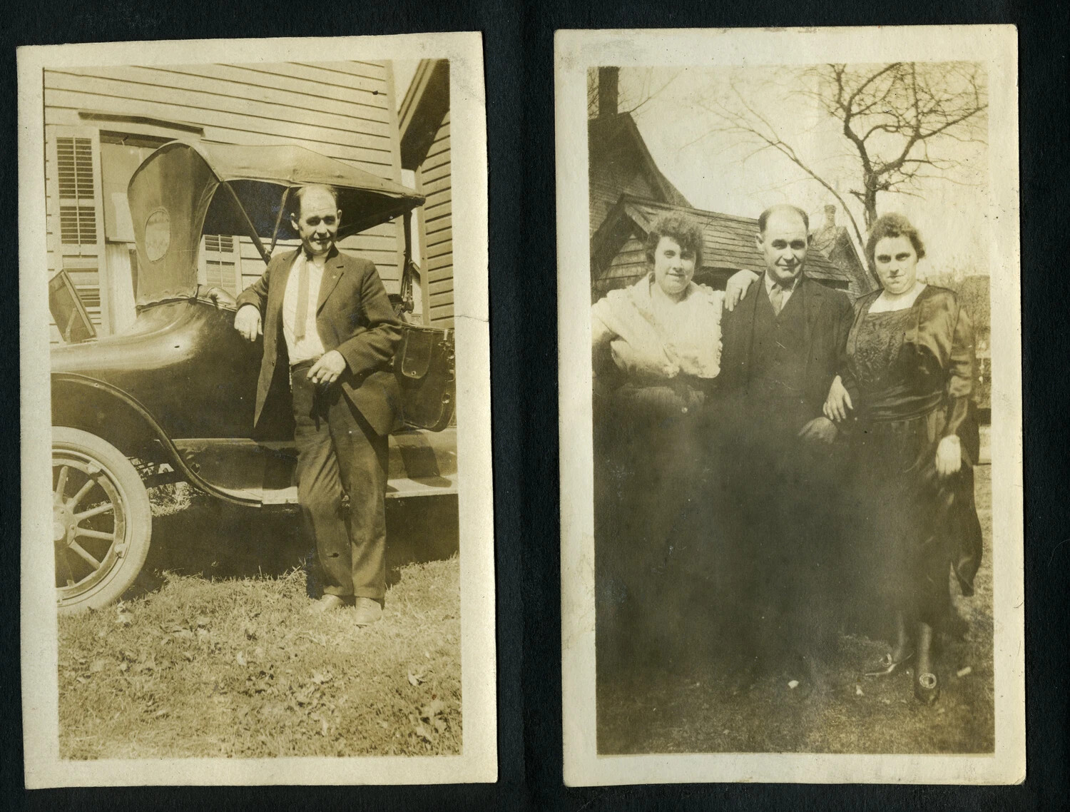 Album Page with Man Beside Automobile and Family Group Portrait, 1920s