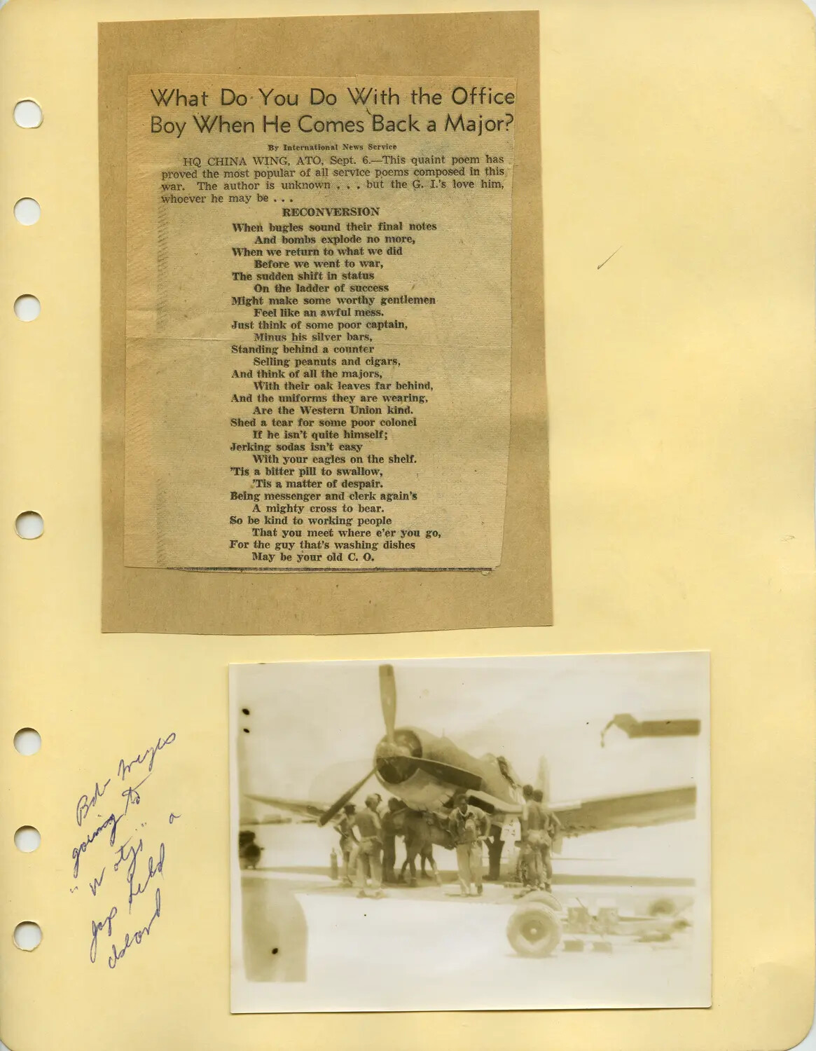 Scrapbook Page: 'Reconversion' Poem Clipping and Corsair Aircraft Photo with 'Wotje' Caption, Edward P. McAleer Album