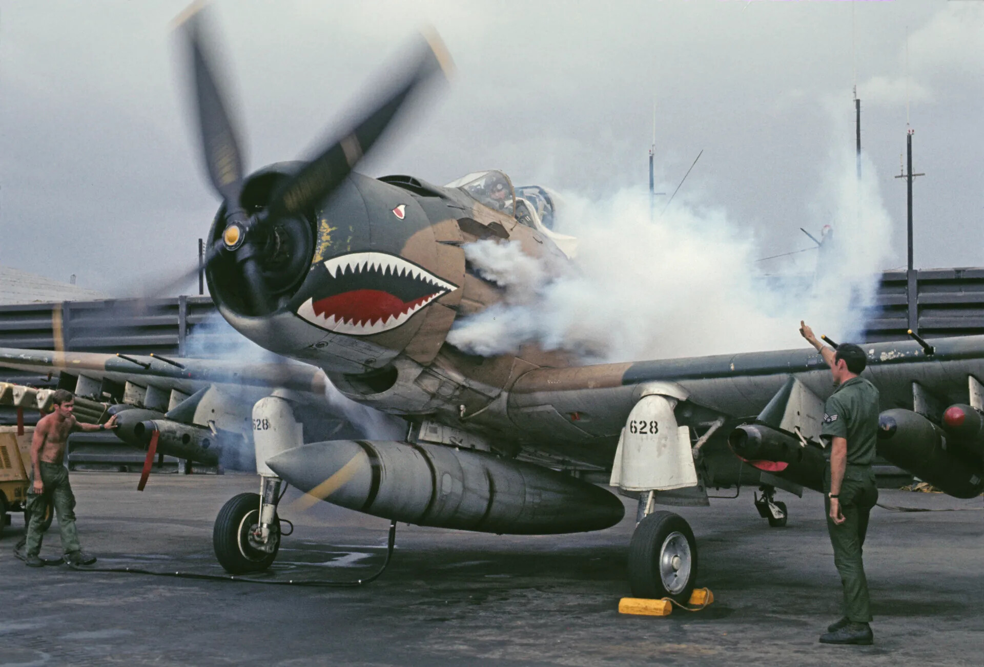 A-1 Skyraider 'Shark Mouth' Starting Engine on Vietnam Flight Line
