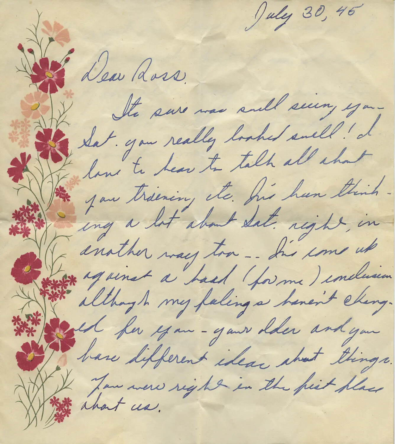 Handwritten Letter to 'Dear Ross,' Dated July 30, 1945, on Floral Stationery (Moon/Sammiet Collection)