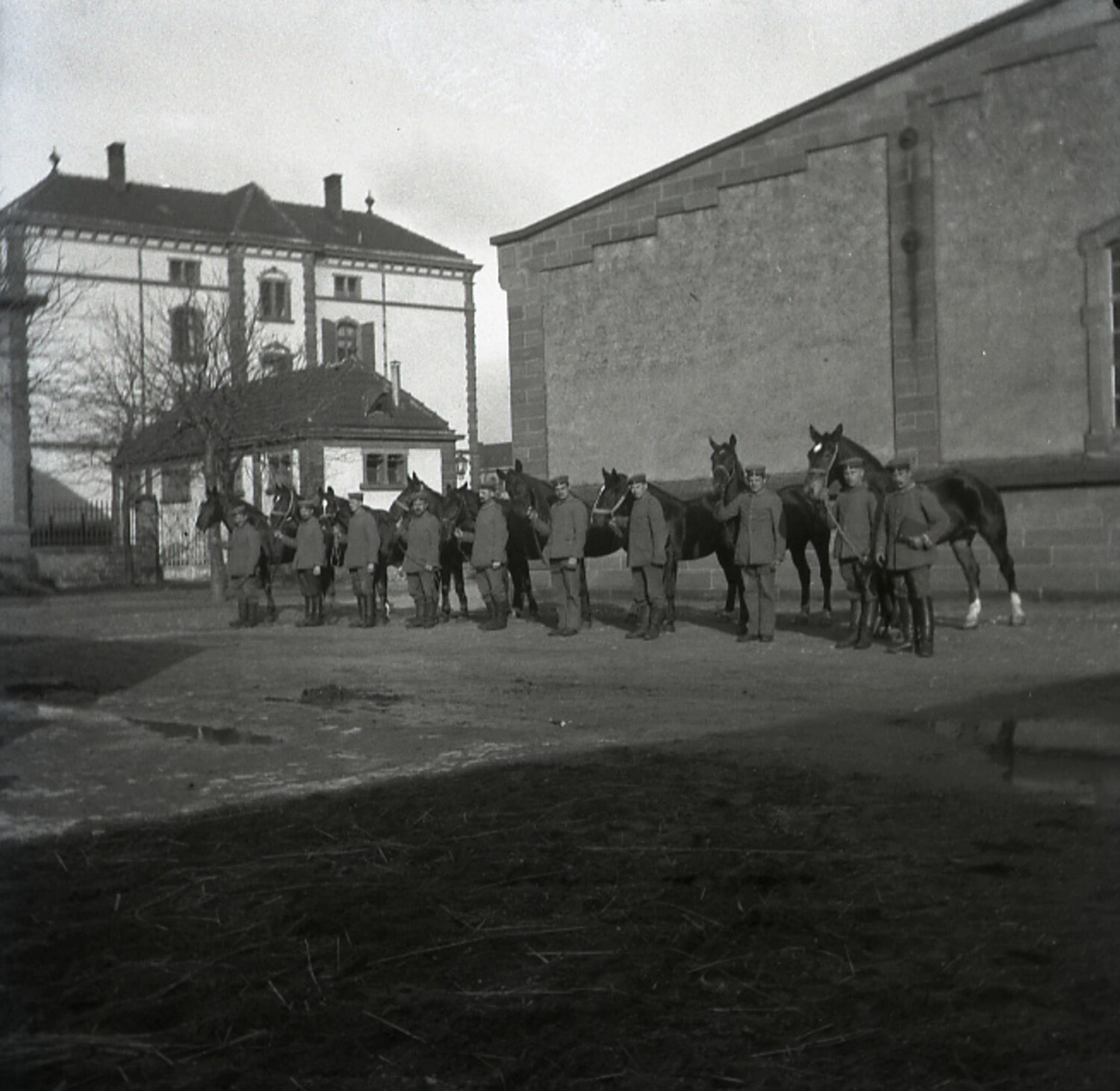 German Soldiers Presenting Horses in Formation, Garrison Courtyard, WWI