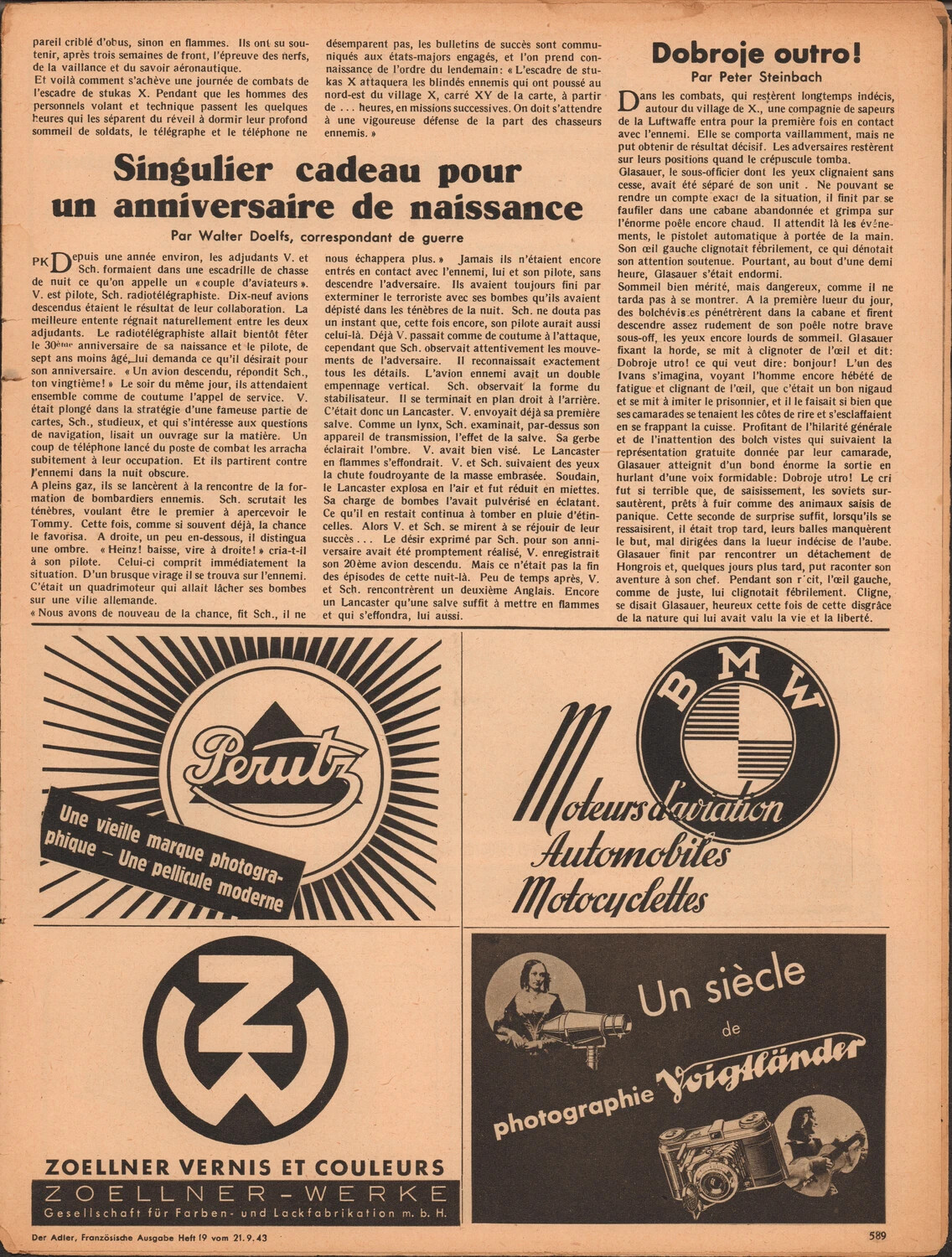 Der Adler (French Edition), Heft 19, 21 September 1943 -- Page 589: 'Singulier cadeau pour un anniversaire de naissance' and 'Dobroje outro!'