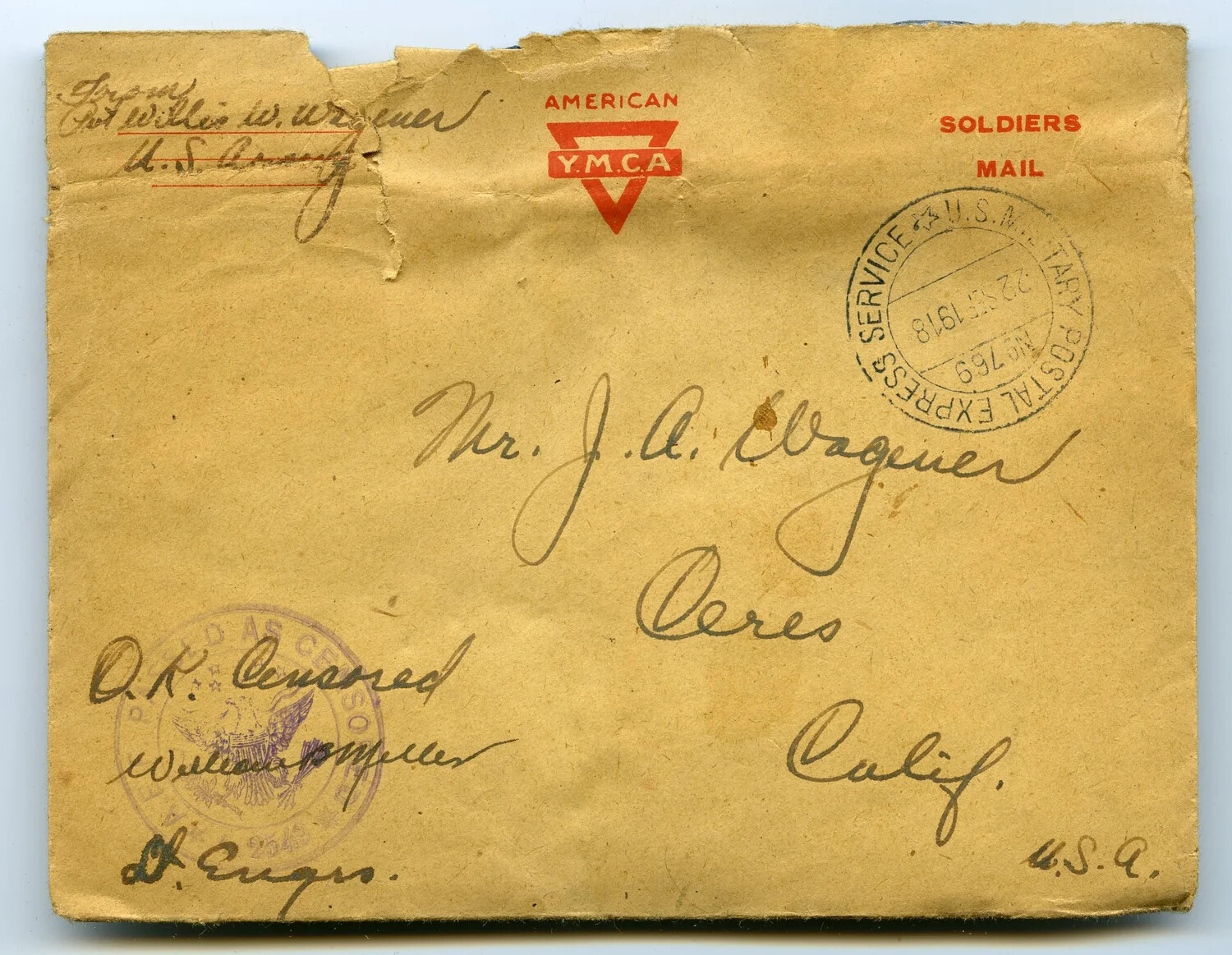 WWI Soldier's Mail Envelope – Pvt. Willis W. Wagener, U.S. Army Engineers, American Y.M.C.A. Stationery, September 1918