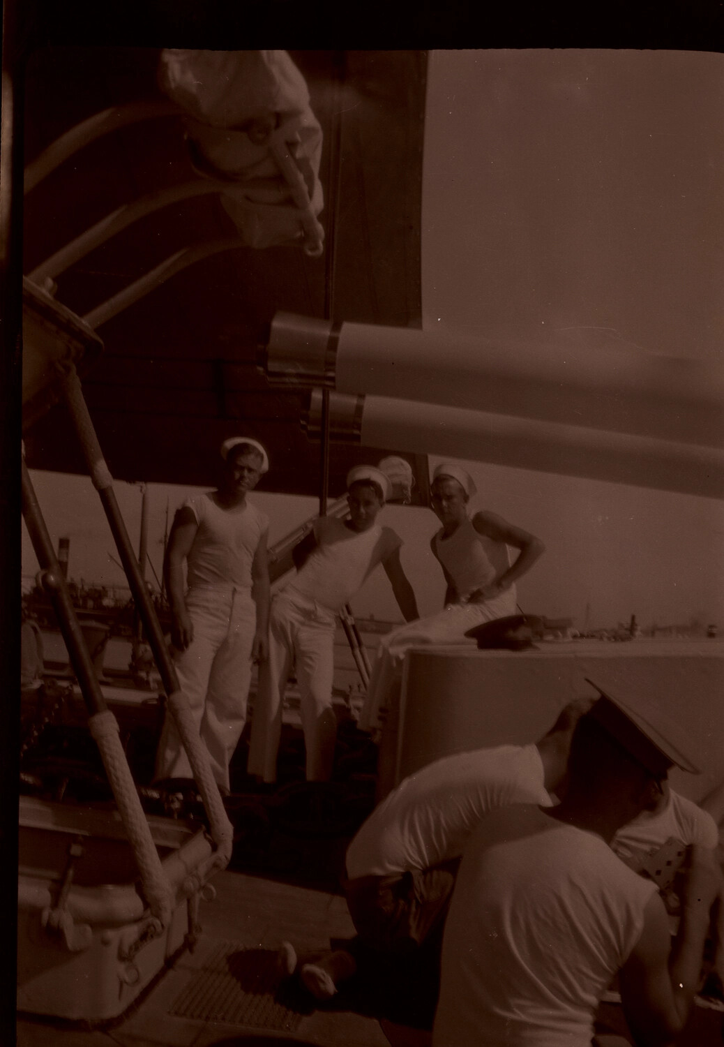 U.S. Navy Sailors at Deck Gun Aboard Warship, China/Pacific, 1930s