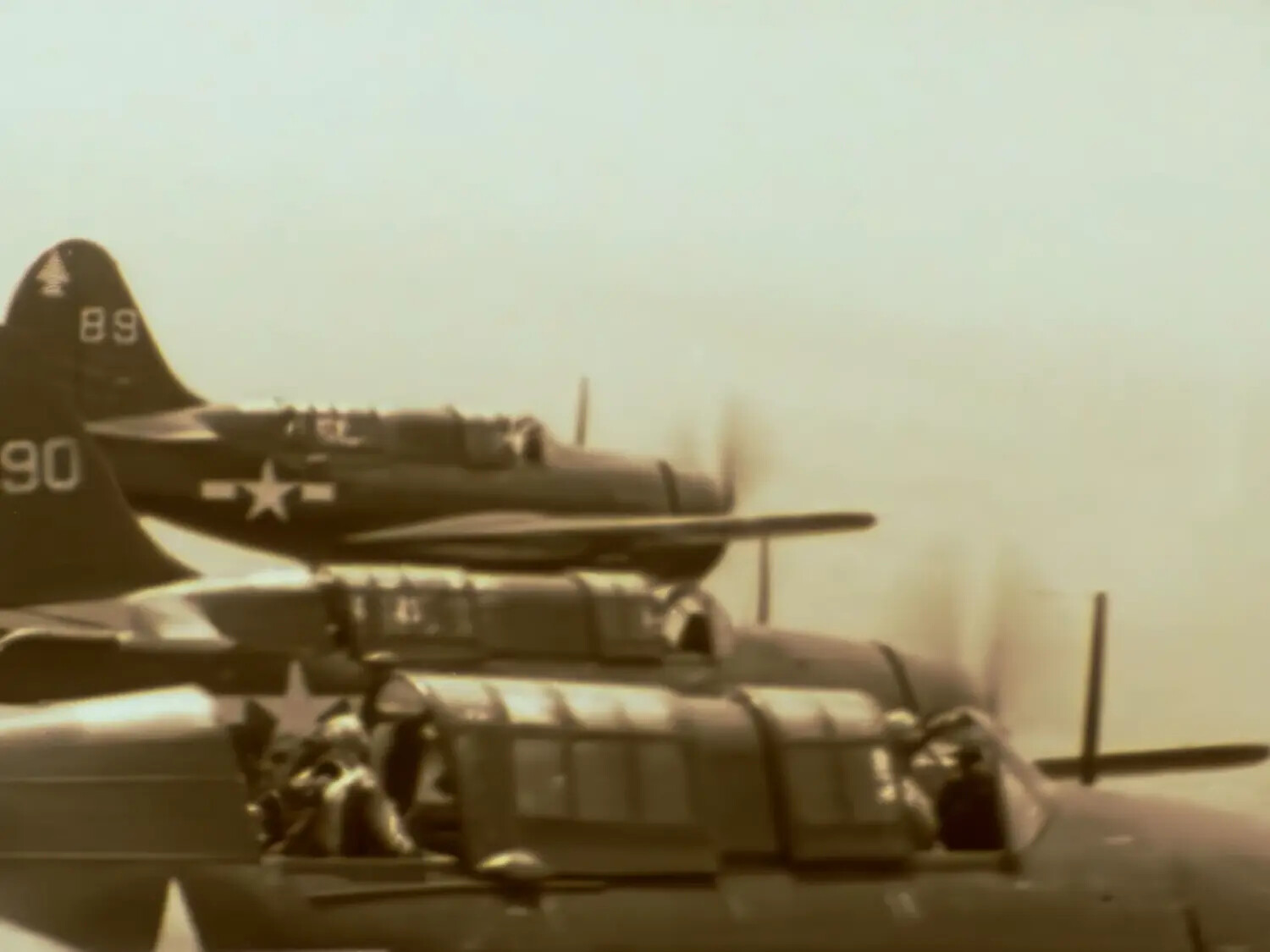 U.S. Navy Carrier Flight Deck: TBM Avenger and SB2C Helldiver Aircraft Preparing for Launch, WWII Pacific Theater
