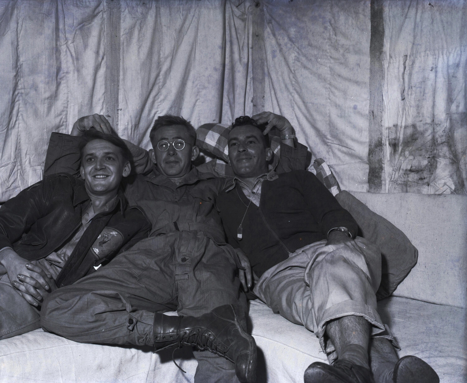 Three Servicemen Relaxing in Tent Quarters, CBI Theater, WWII