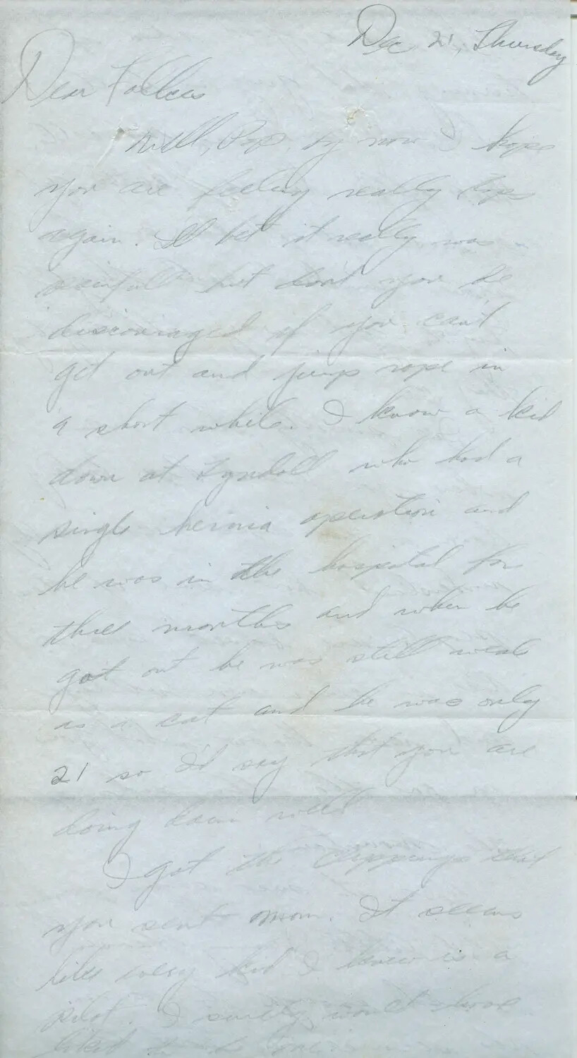 Handwritten WWII-Era Letter Home Discussing Hospitalization and Recovery