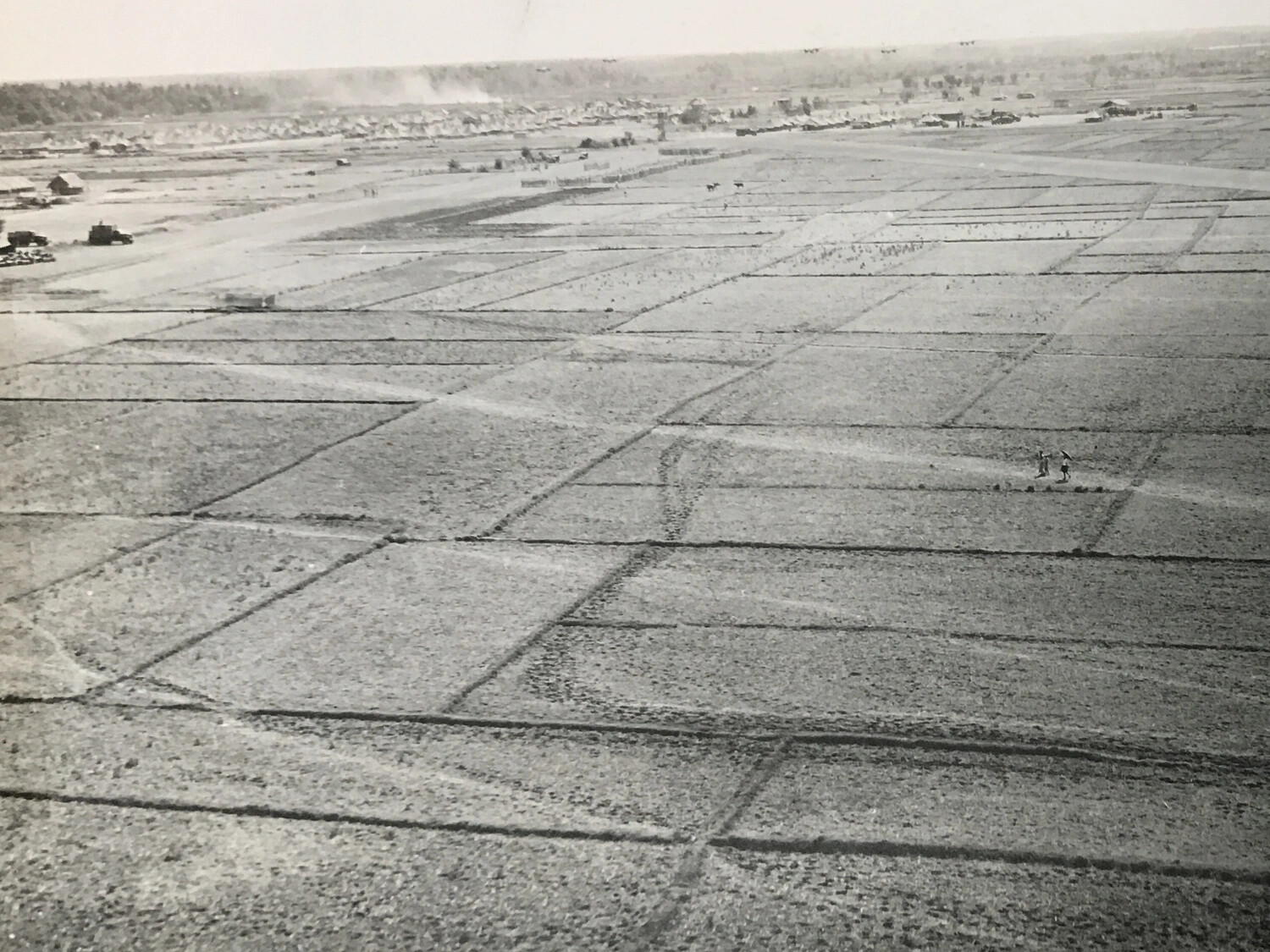 Aerial View of Airfield and Rice Paddies with Tent Camp, 312th Bombardment Group, WWII Pacific
