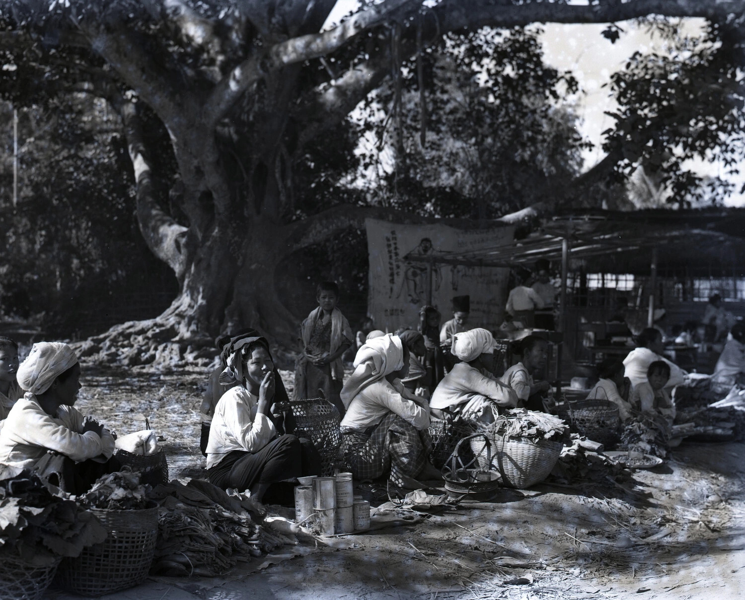Burmese Marketplace Beneath a Banyan Tree, WWII CBI Theater (Kotec Collection)