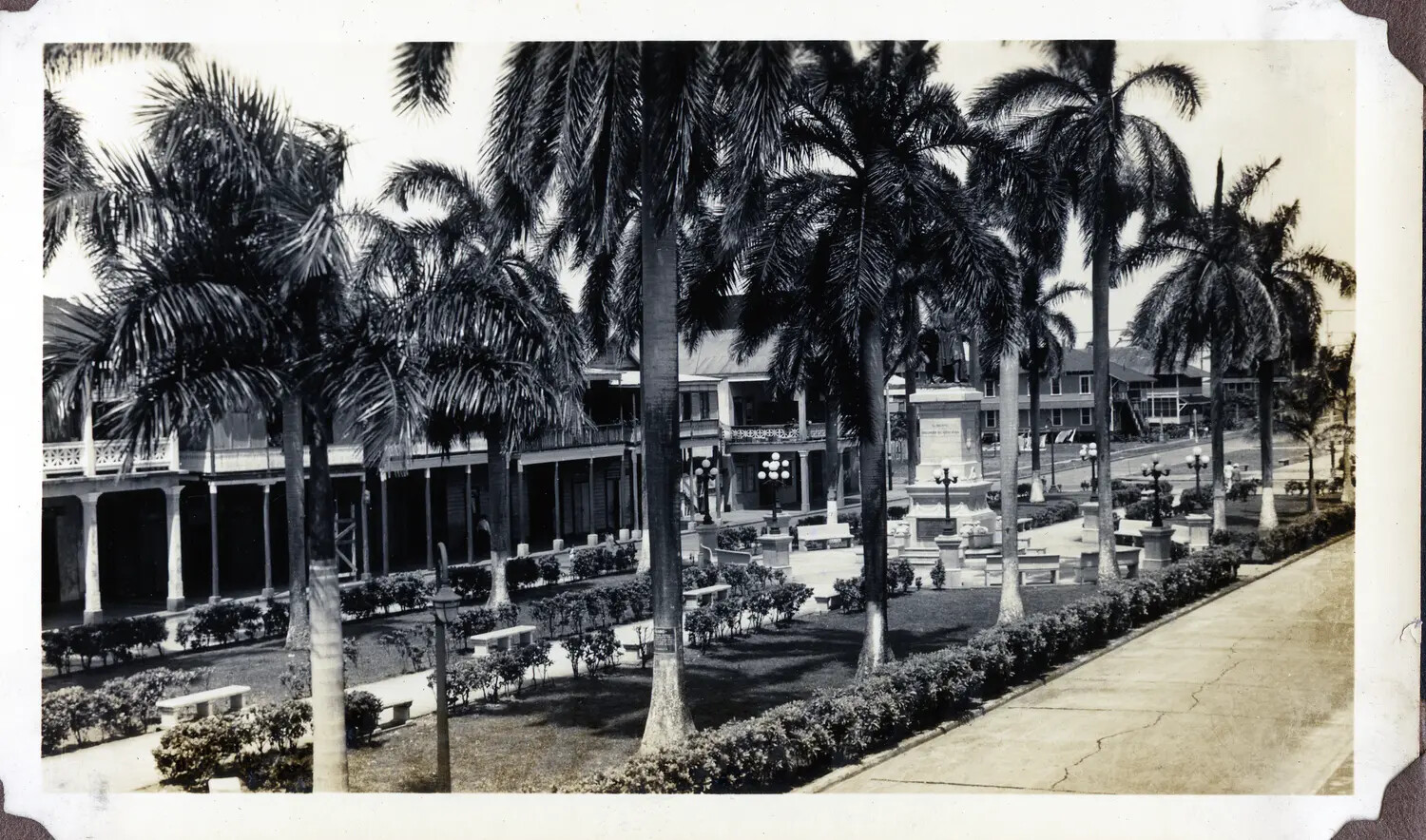 Palm-Lined Park Plaza with Monument, Panama Canal Zone, WWII Era