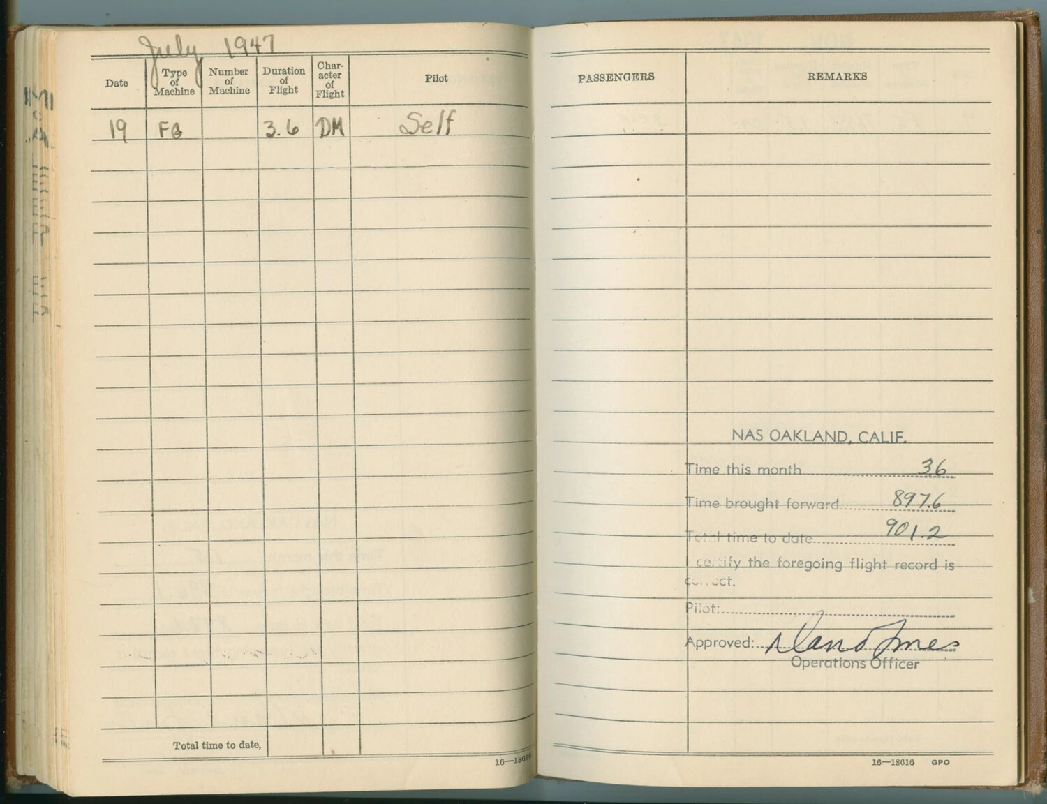 Naval Aviator's Flight Log Page, July 1947, NAS Oakland, McAleer Log Book