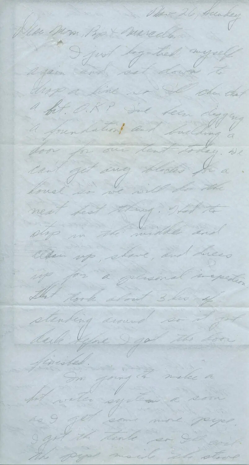 Handwritten Letter from Margaroli (B-24 Belly Gunner) to Family, 'Nov 26, Sunday,' 1944