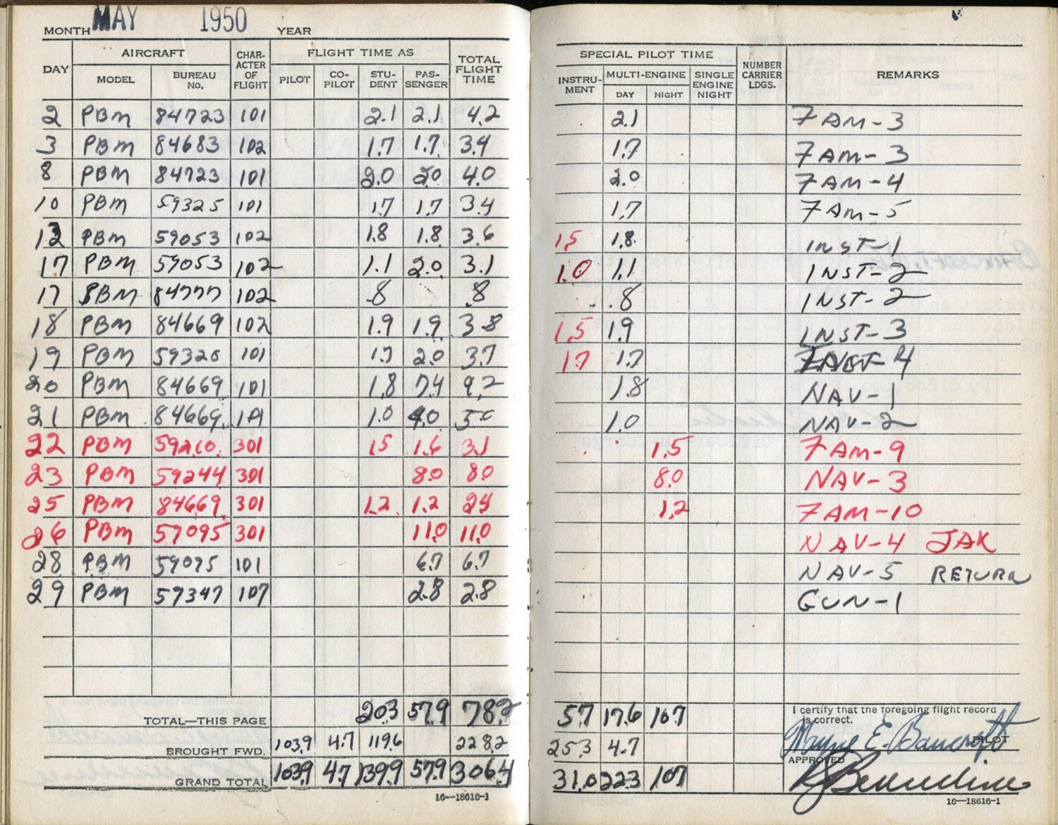 U.S. Navy Pilot Flight Logbook Page, Lt. Wayne E. Bancroft, May 1950 (PBM Mariner Flying Boat)