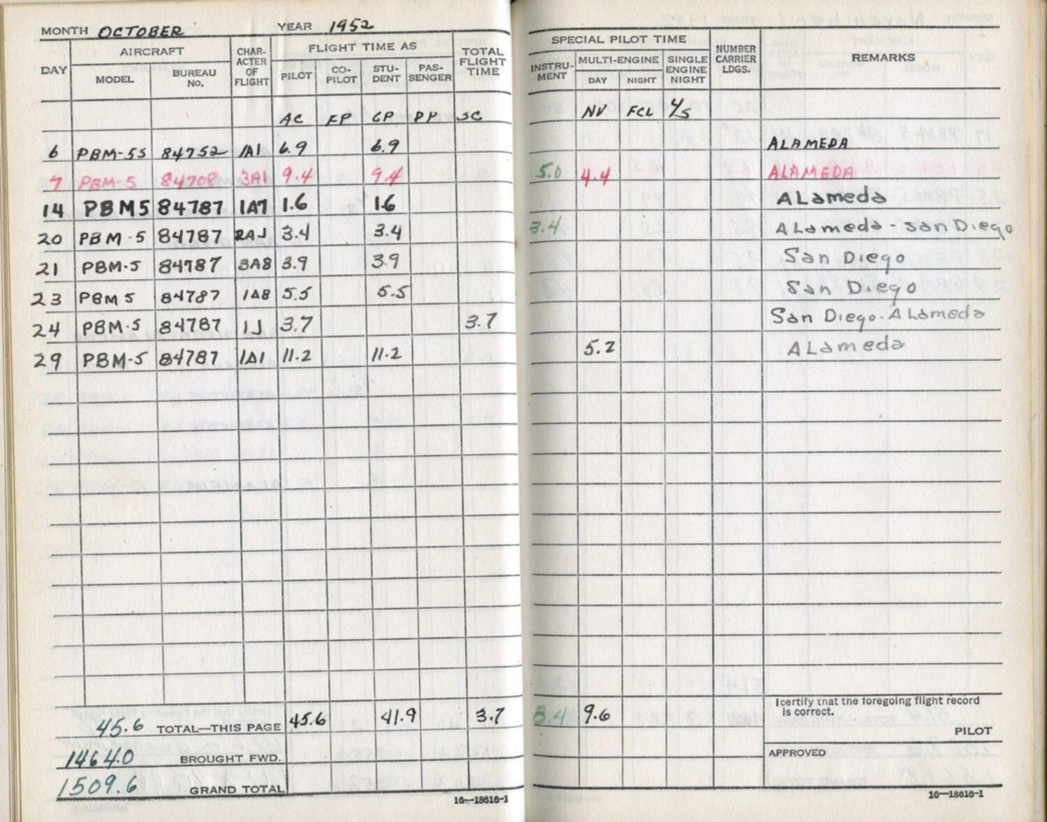 Naval Aviator's Flight Logbook Page, October 1952 — PBM-5 Mariner Flying Boat Entries (Lt. Bancroft Collection)
