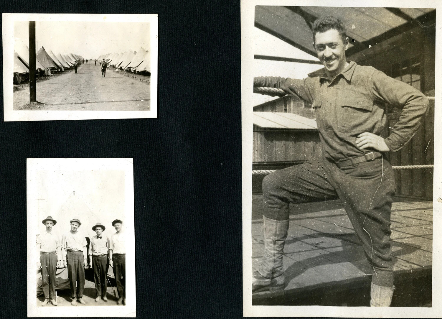 Album Page with Three Photographs: Tent Camp Street, Group of Men in Civilian Clothes, and Soldier Portrait, U.S. Army Training Camp, WWI Era