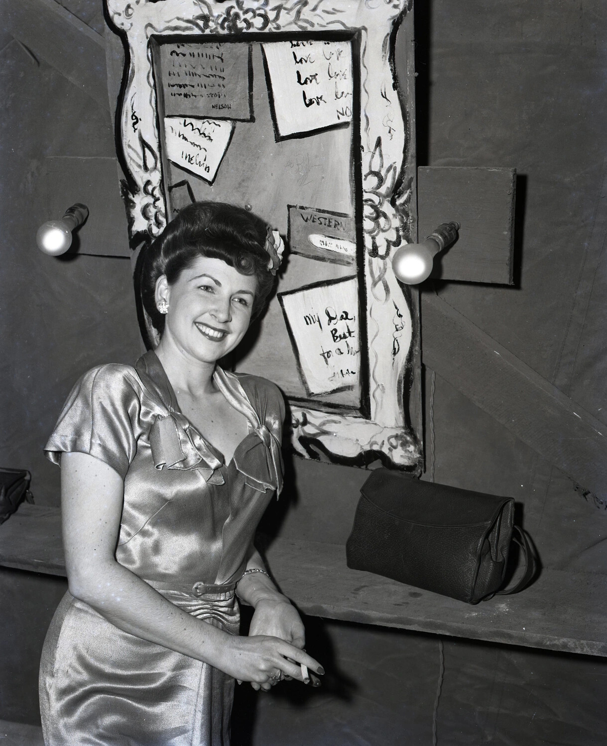 Unidentified Woman Posing Beside Painted Telegram-Board Backdrop, WWII-era Entertainment Venue
