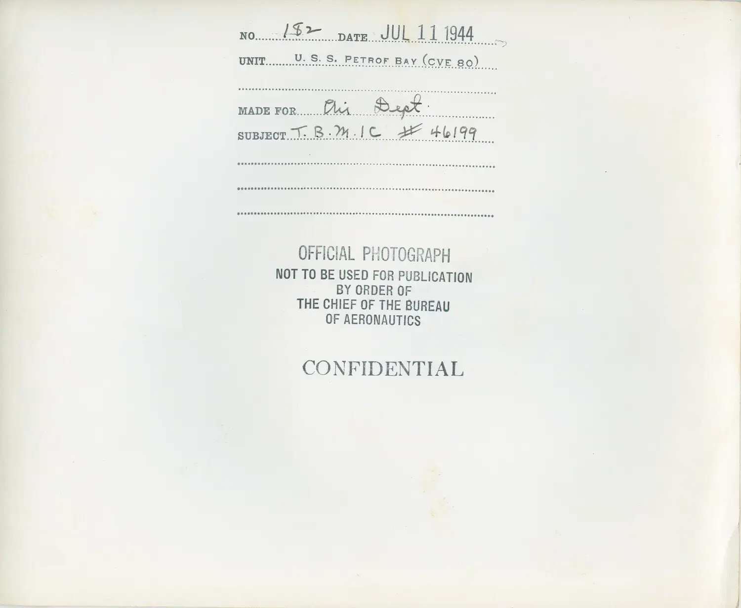 Verso Caption Sheet, Official U.S. Navy Photograph, USS Petrof Bay (CVE-80), TBM-1C Avenger Bu. No. 46199, July 11, 1944