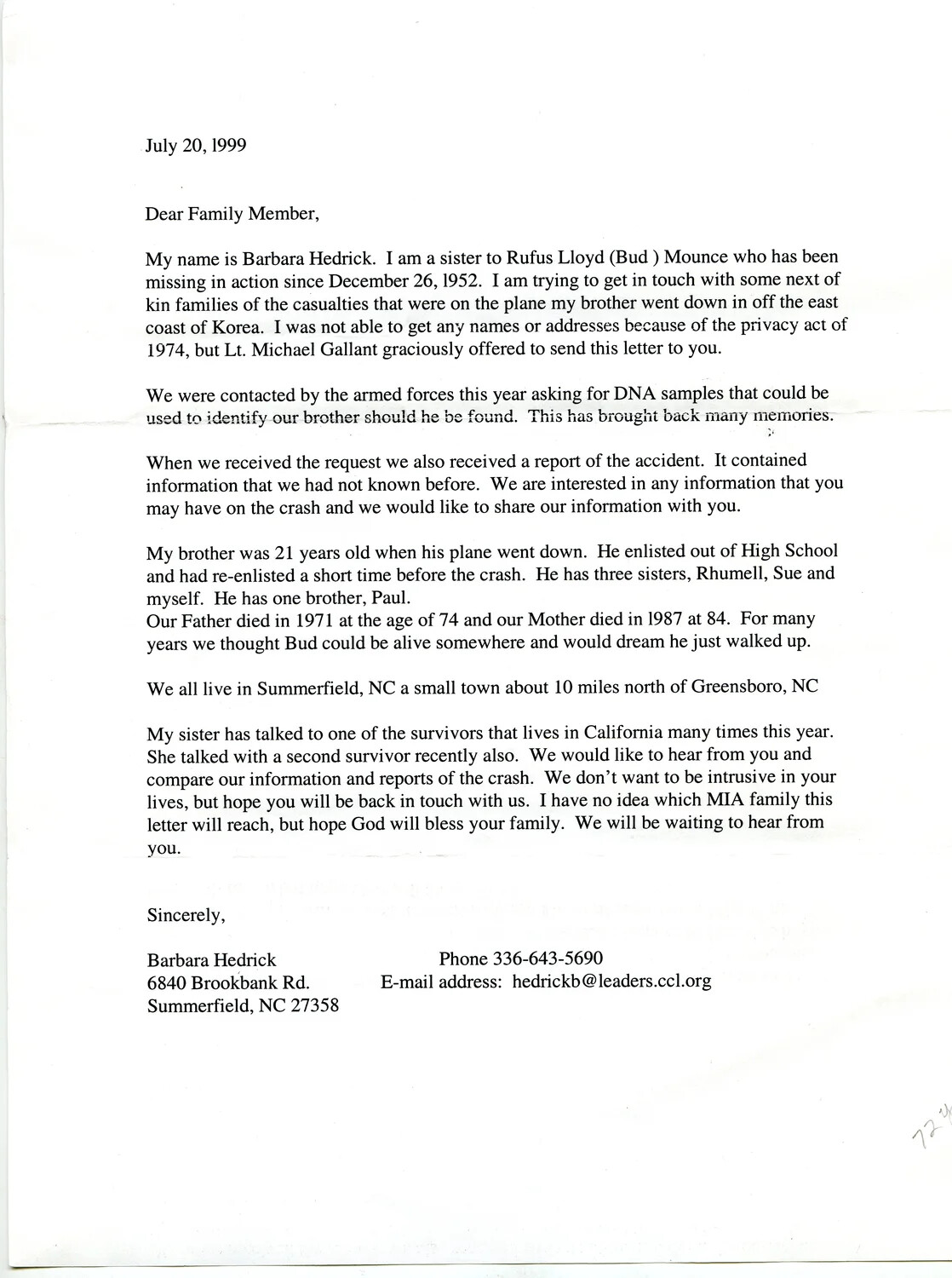 Letter from Barbara Hedrick Regarding MIA Serviceman Rufus Lloyd 'Bud' Mounce, July 20, 1999
