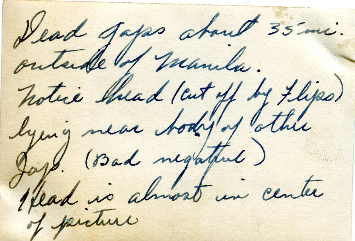 Handwritten Caption Card, Philippines Campaign Battlefield Aftermath Photo, WWII (Ie Shima / 345th Bomber Group Collection)