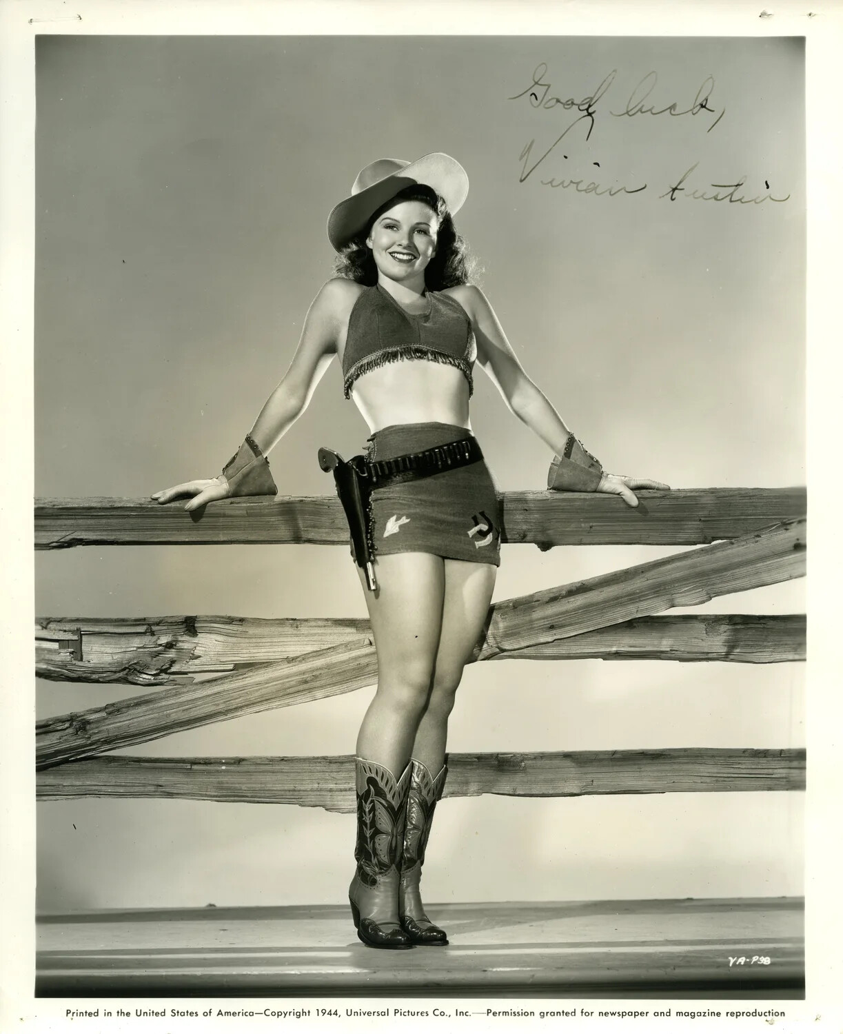 Autographed Western-Style Pin-Up Publicity Photograph of Vivian Austin, Universal Pictures, 1944