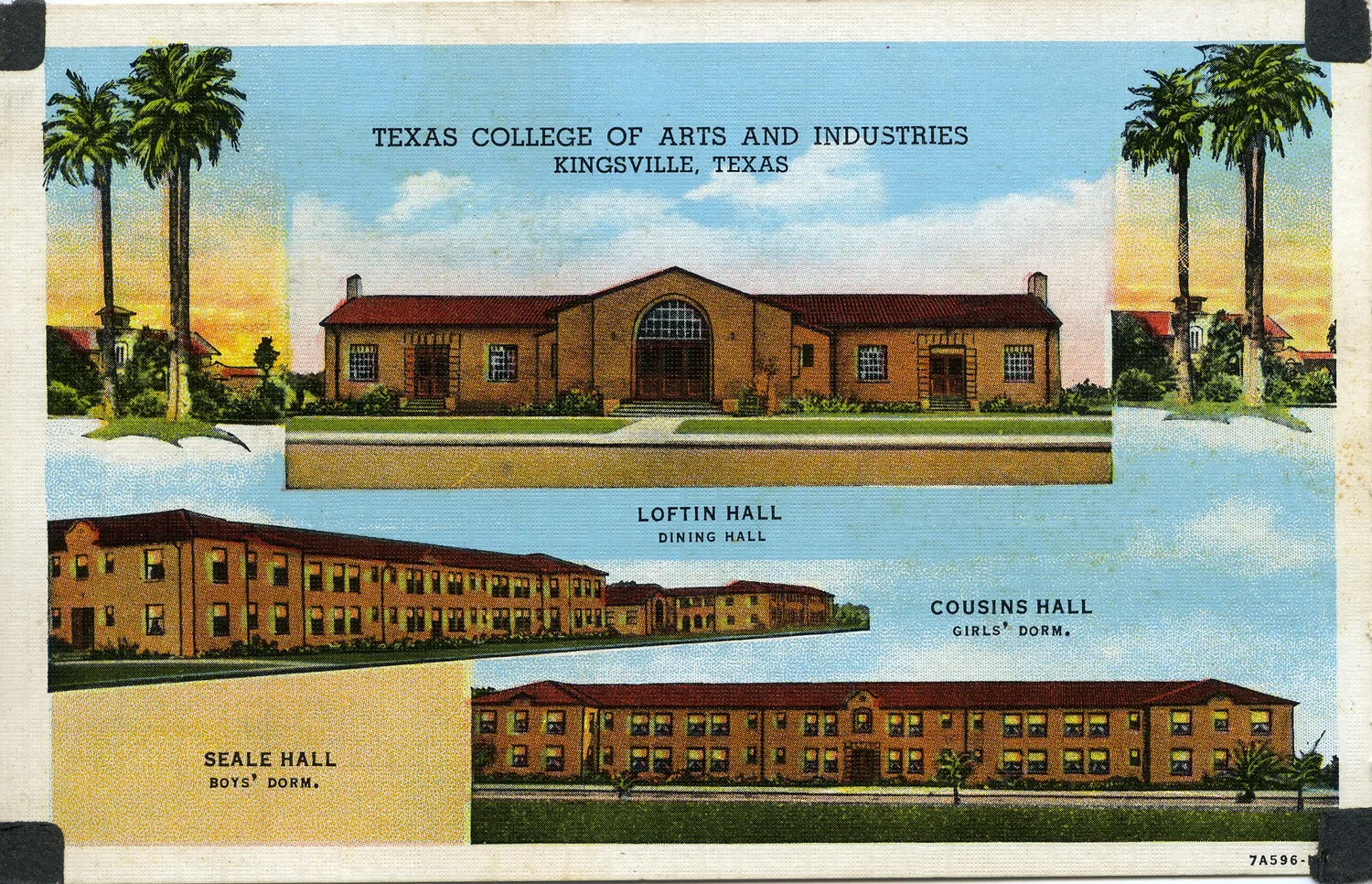 Linen Postcard: Texas College of Arts and Industries, Kingsville, Texas, Mounted in Corpus Christi NAS-Related Scrapbook