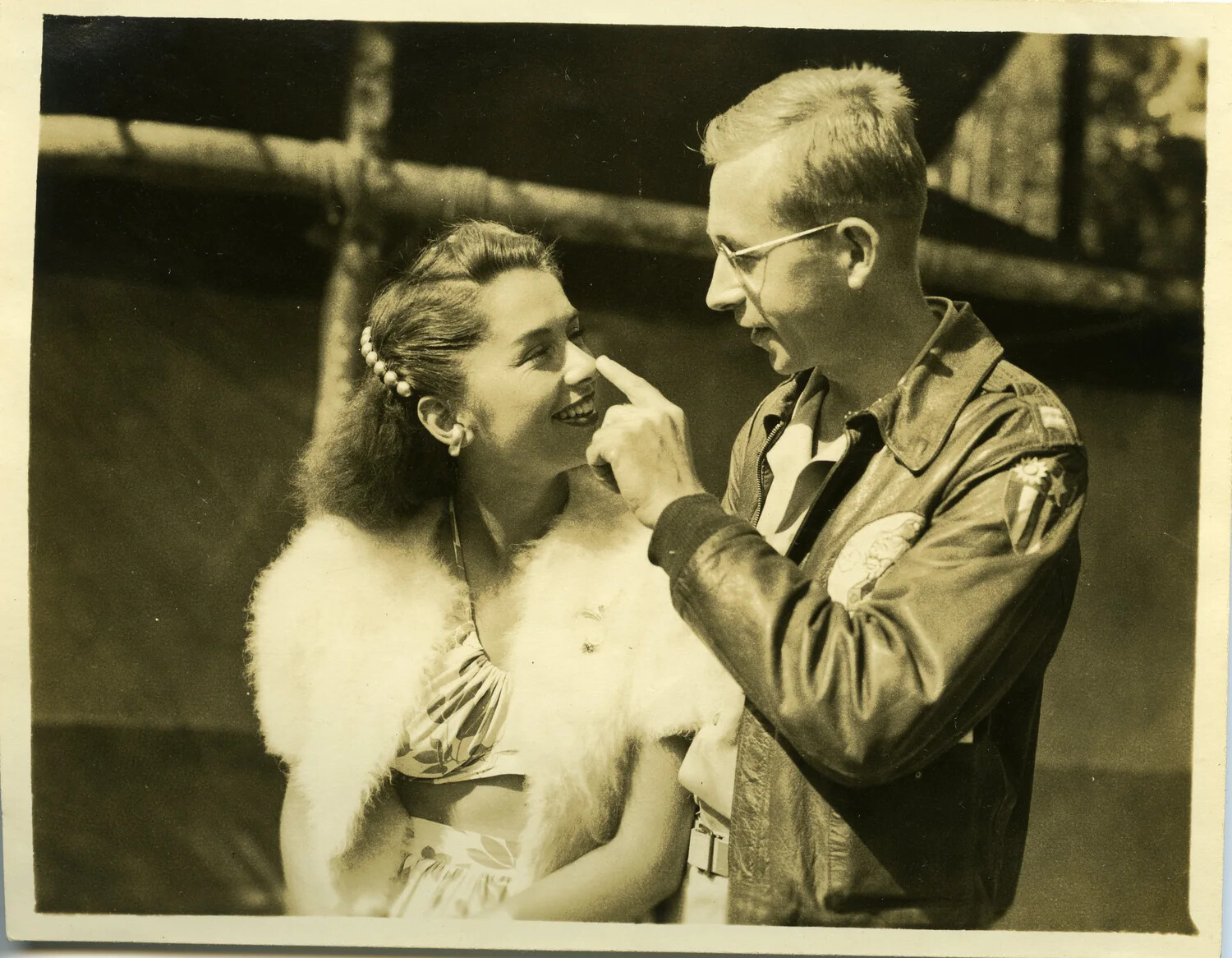 American Serviceman and Female Companion, CBI Theater Shoulder Patch Visible, Myitkyina, Burma, WWII
