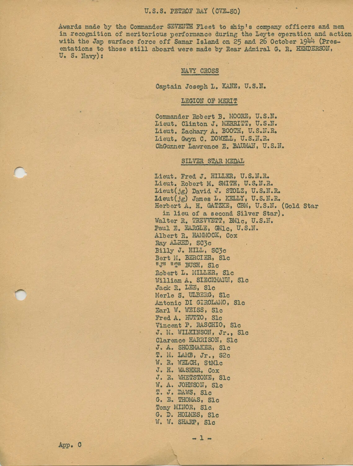 USS Petrof Bay (CVE-80) Battle off Samar Awards Roster, Appendix C, Page 1